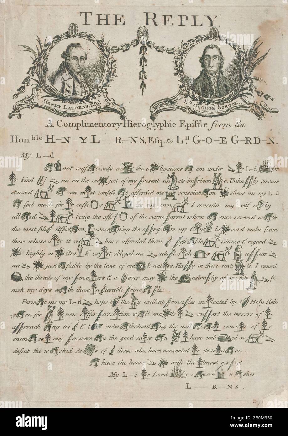 Henry Laurens, The Reply: A Complimentory [sic] Hieroglyphic Epistle from the Honorable Henry Lawrens to Lord George Gordon, Henry Laurens (American, Charleston, South Carolina 1724-173 Charleston, South Carolina), Anonymous, British, 18. Jahrhundert, Kätzing, Platte: 12 3/8 x 8 3/4 in. (31,4 x 22,2 cm), Blatt: 13 x 9 1/4 Zoll (33 x 23,5 cm), Ausdrucke Stockfoto