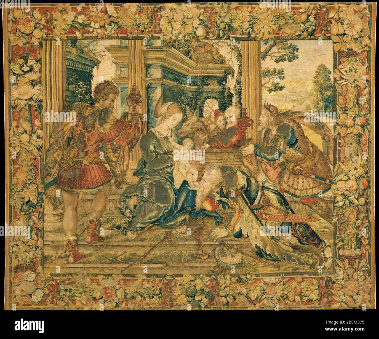Design, das Bernard van Orley, Anbetung der Könige, Netherlandish, Brüssel zugeschrieben wird, Elemente der zentralen Gruppe stammen von Tammaso Vincidor (Tammaso di Andrea) (ital., Bologna Ca. 1517-ca. 1536 Breda (?)) 'Anbetung' für die Scuola Nuova Wandteppiche, Die Möglicherweise in der Werkstatt von Pieter van Aelst dem Jüngeren (flämisch, aktiv 1509-55), 1558-1535, Netherlandish, Brüssel, Wolle, Seide, Silber, silbervergoldeter Faden (20 Warps pro Zoll, 8 pro cm), H. 4 ft. 2 Zoll (1,27 m.), W. 5 ft. (1,52 m.), Textil-Tapestries Stockfoto