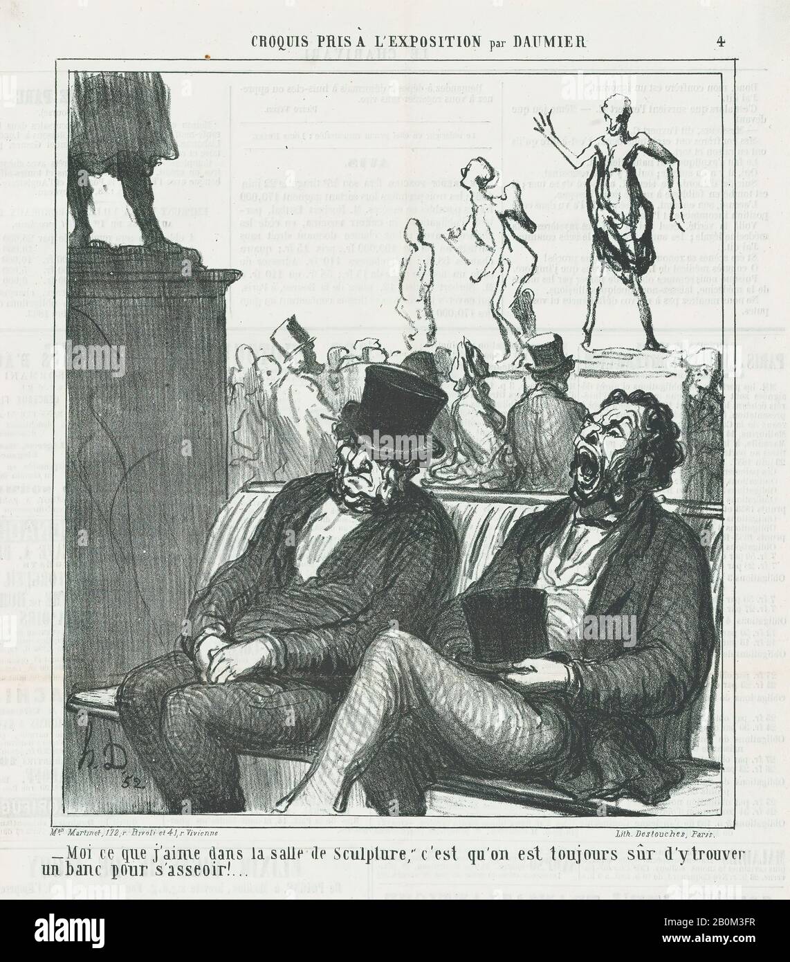 Honoré Daumier, Das gefällt mir am Saal der Skulpturen, .. Aus 'Exhibition Sketches', erschienen in Le Charivari, 13. Juni 1864, 'Exhibition Sketches' (Croquis pris à l'Exposition), Honoré Daumier (Französisch, Marseille 1809-1879 Valmondois), 13. Juni 1864, Lithograph on newsprint; zweites Bild: Delteil. 9 5/16 × 8 5/16 Zoll (23,7 × 21,1 cm), Blatt: 11 13 / 16 × 10 1/4 Zoll (30 × 26 cm), Ausdrucke Stockfoto