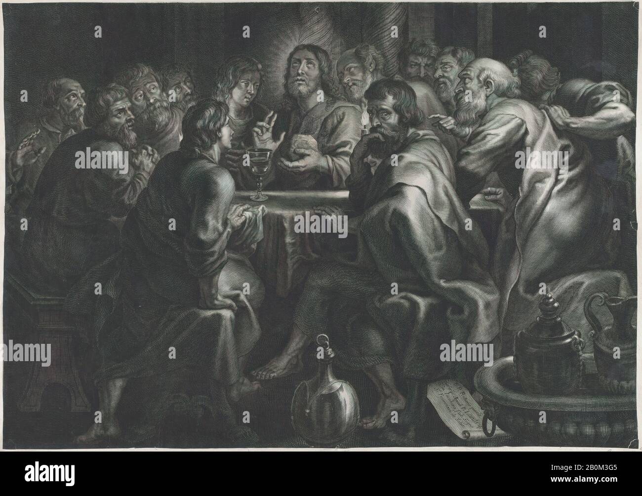 Pierre Landry, The Last Supper, Pierre Landry (Französisch, 1630?-1701), Nach Peter Paul Rubens (Flämisch, Siegen 1577-1640 Antwerpen), Anfang 17. Jahrhundert, Gravur, Blatt: 19 Zoll × 27 1/16 Zoll (48,3 × 68,8 cm), Ausdrucke Stockfoto
