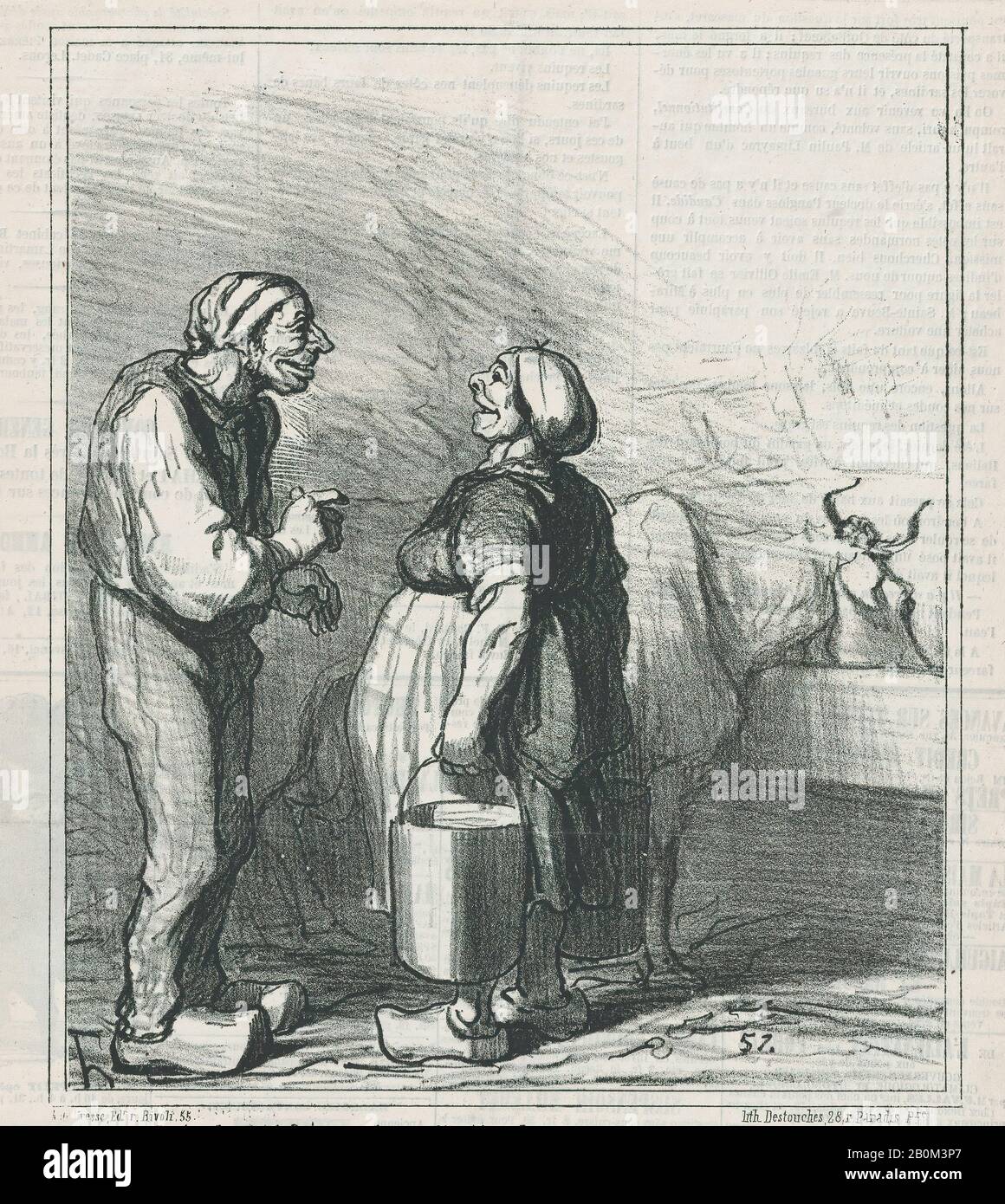 Honoré Daumier, Gertrud, wir müssen unsere Kuh analysieren lassen, von "News of the Day", veröffentlicht in Le Charivari, 1. Februar 1866, "News of the Day" (Actualités), Honoré Daumier (Französisch, Marseille 1801-1879 Valmondois), 1. Februar 1866, Lithograph on newsprint; zweiter Bundesstaat Delteil (Bild): 9 9/16 × 8 1/16 Zoll (24,3 × 20,4 cm), Blatt: 12 1/16 × 11 7/16 Zoll (30,6 × 29 cm), Ausdrucke Stockfoto