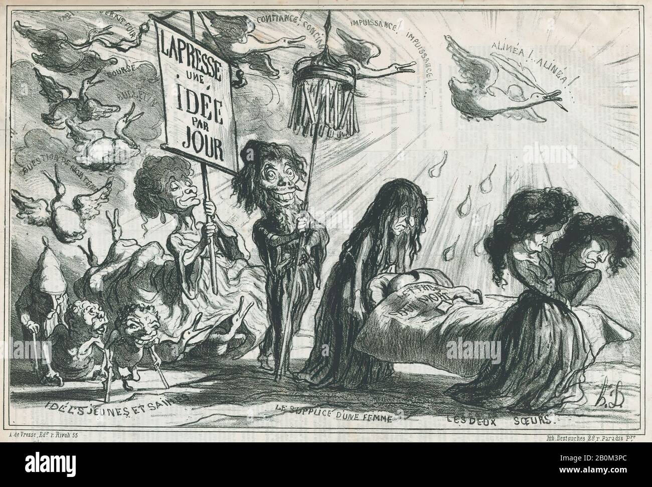 Honoré Daumier, EINE Viertelstunde nach seinem Tod, lebte noch immer von "News of the Day", veröffentlicht in Le Charivari, 20. Februar 1866, "News of the Day" (Actualités), Honoré Daumier (Französisch, Marseille, 1809-1879 Valmondois), 20. Februar, 1866, Lithograph on newsprint; zwei Bilder: Delteil (zweites Bild) 10 3/8 × 15 9/16 Zoll (26,3 × 39,6 cm), Blatt: 11 15/16 × 16 11/16 Zoll (30,3 × 42,4 cm), Ausdrucke Stockfoto