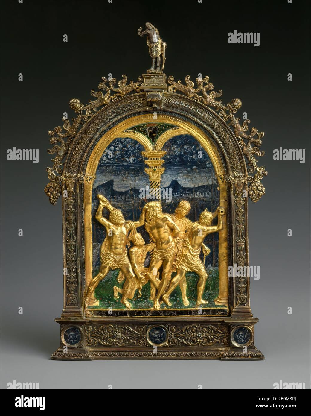 Die Geißelung Christi, italienisch, Mailand, ca. 1492-1503, Italienisch, Mailand, Gold, Silber, teilweise emailliertes Gold, vergoldeter silberner Rahmen, Gesamt: 8 5/8 × 5 1/8 Zoll. (21,9 × 13 cm), Metalwork-Gold und Platinum Stockfoto