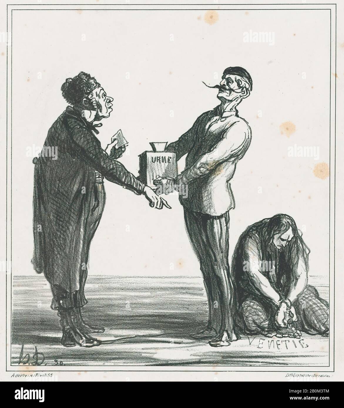 Honoré Daumier, mein lieber Holsteiner, ich bitte Sie, zu wählen. - Entschuldigen Sie mich, aber werde ich den gleichen Weg wie dieser beenden?, aus "News of the Day", veröffentlicht in Le Charivari, 23. Juni 1866, "News of the Day" (Actualités), Honoré Daumier (Französisch, Marseille 1809-1879 Valmondois), 23. Juni, 1866, Listhograph auf wove Papier; zweites Bild: Delteil. 9 5/8 × 8 5/8 Zoll (24,5 × 21,9 cm), Blatt: 13 11/16 × 10 11/16 Zoll (34,8 × 27,1 cm), Ausdrucke Stockfoto
