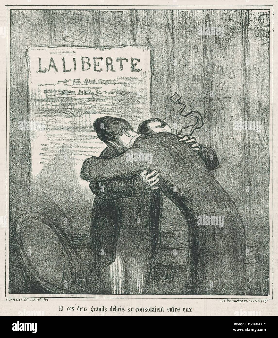 Honoré Daumier Und diese beiden alten Wracks trösteten sich gegenseitig, aus "News of the Day", veröffentlicht in Le Charivari, 15. Mai 1866, "News of the Day" (Actualités), Honoré Daumier (Französisch, Marseille, 159-1879 Valmondois), 15. Mai 1866, Lithograph on newsprint; zweiter Bundesstaat Delteil (Bild): 9 1/4 × 8 1/2 Zoll (23,5 × 21,6 cm), Blatt: 11 5/8 × 11 9/16 Zoll (29,5 × 29,4 cm), Ausdrucke Stockfoto