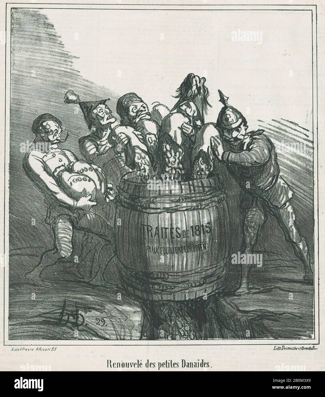 Honoré Daumier, Revival of the Little Danaides, From 'News of the Day', veröffentlicht in Le Charivari, 26. Juni 1866, 'News of the Day' (Actualités), Honoré Daumier (Französisch, Marseille 158-1879 Valmondois), 26. Juni 1866, Lithograph on newsprint; dritter Bundesstaat von vier Delteil (Bild: 8.), 8. × (24 × 22,2 cm), Blatt: 11 7/16 × 11 5/16 Zoll (29,1 × 28,7 cm), Ausdrucke Stockfoto