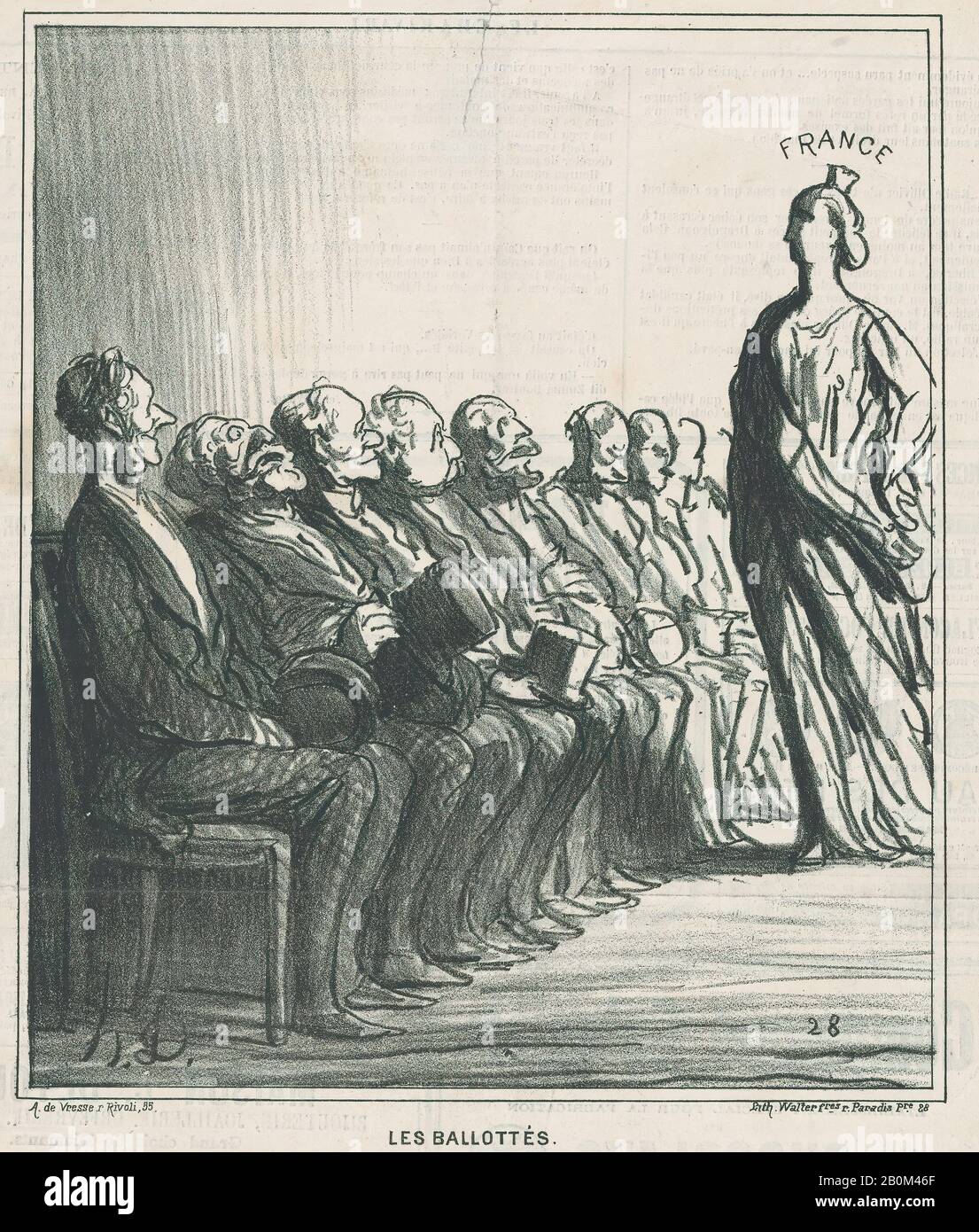 Honoré Daumier, Auslaufwahlen: Wird sie mich zu einem zweiten Walzer einladen?, von "News of the Day", veröffentlicht in Le Charivari, 2. Juni 1869, "News of the Day" (Actualités), Honoré Daumier (Französisch, Marseille, 1809-1879 Valmondois), 2. Juni 1869, Lithographisch auf dem zweiten Stand von Deltegil (Bild): Sprint von Deltewaril (zweites Bild) 9 7/16 × 8 1/16 Zoll (24 × 20,5 cm), Blatt: 11 13 / 16 × 11 1/8 Zoll (30 × 28,2 cm), Ausdrucke Stockfoto