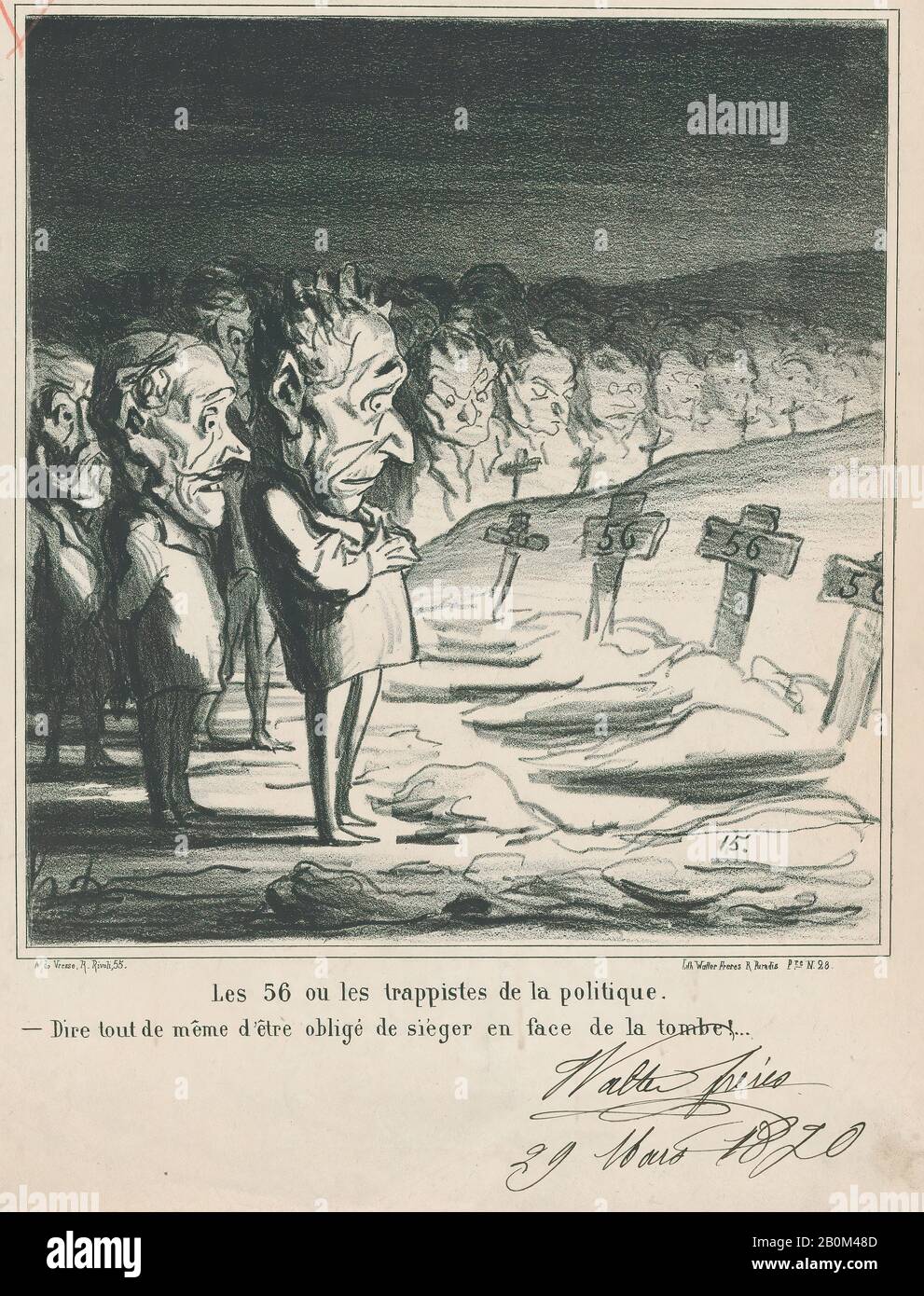 Honoré Daumier, Der 56, oder die trappisten der Politik: - Es Ist Schwer, eine Sitzung vor Ihrem eigenen Grab zu haben!, aus "News of the Day", veröffentlicht in Le Charivari, 8. April 1870, "News of the Day" (Actualités), Honoré Daumier (Französisch, Marseille, 1808-1879 Valmondois), 8. April 1870, Lithographisch, Stift und braune Tinte und roter Stift auf dem Sprint; Zweiter Zustand von drei, Proof (Delteil), Bild: 9 1/4 × 8 9/16 Zoll (23,5 × 21,7 cm), Blatt: 14 3/16 × 11 1/8 Zoll (36,1 × 28,3 cm), Ausdrucke Stockfoto