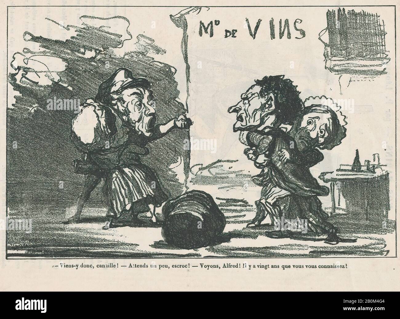 Honoré Daumier, -Komm, du hast Angst, komm los! - Nur Sie warten, Sie crook! - Oh, komm auf Alfred zu, schließlich kannten Sie sich seit etwa zwanzig Jahren!, aus 'Pariser Skizzen', erschienen im Le Petit Journal pour Rire, 8. März 1874, 'Pariser Skizzen' (Croquis Parisiens), Honoré Daumier (Französisch, Marseille, 158-1879 Valmondois), 8. März 1874, Listhograph über Zeitungspapier; Zustand drei, Bild: 6 1/8 × 9 1/2 Zoll (15,6 × 24,2 cm), Blatt: 8 7/16 × 12 1/4 Zoll (21,4 × 31,1 cm), Ausdrucke Stockfoto