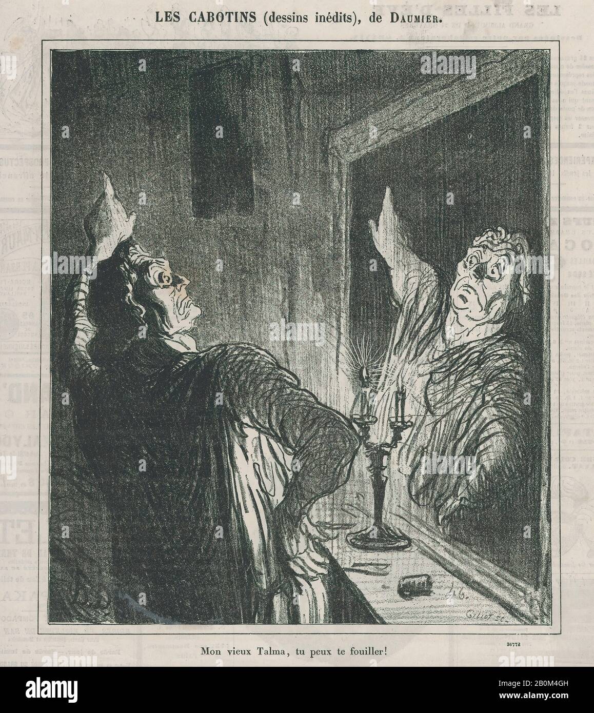 Honoré Daumier, My Old Talma, You've got another thing coming!, from "The Third rate Actors", published in Le Journal Amusant, 27. April 1878, "The Third Rate Actors" (Les cabotins), Honoré Daumier (French, Marseille, 1803-1879 Valmondois), François-Joseph Talma (French, Paris 173-1826, Sprint, Paris, am 27. April 1878, Sprint, Sprint, Paris, Sprint, Paris, Zweiter Zustand von zwei (Delteil), Bild: 9 5/8 × 8 3/8 Zoll (24,4 × 21,3 cm), Blatt: 12 13 / 16 × 11 5/8 Zoll (32,5 × 29,5 cm), Ausdrucke Stockfoto