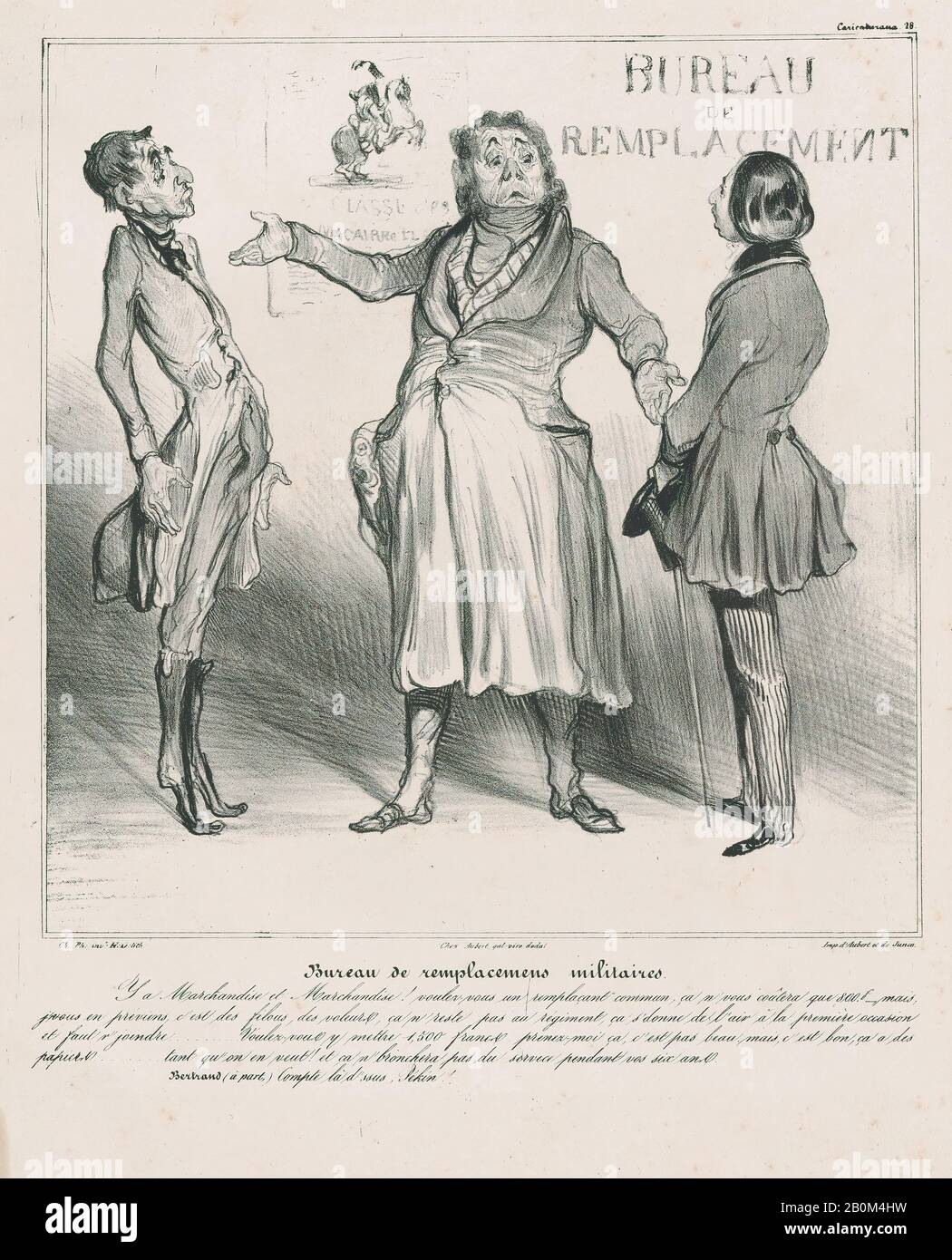 Honoré Daumier, Platte 28: Ersatzagentur für die Schrift von "Caricaturana", veröffentlicht in Les Robert Macaires, "Caricaturana", Honoré Daumier (Französisch, Marseille, 1808-1879 Valmondois), Charles Philipon (Französisch, Lyon 1800-1862 Paris), 1838-16 ×, Lithograph auf wove Papier, Bild: 9 1/16. (23 × 22,4 cm), Blatt: 13 7/16 × 10 3/16 Zoll (34,1 × 25,9 cm), Ausdrucke Stockfoto