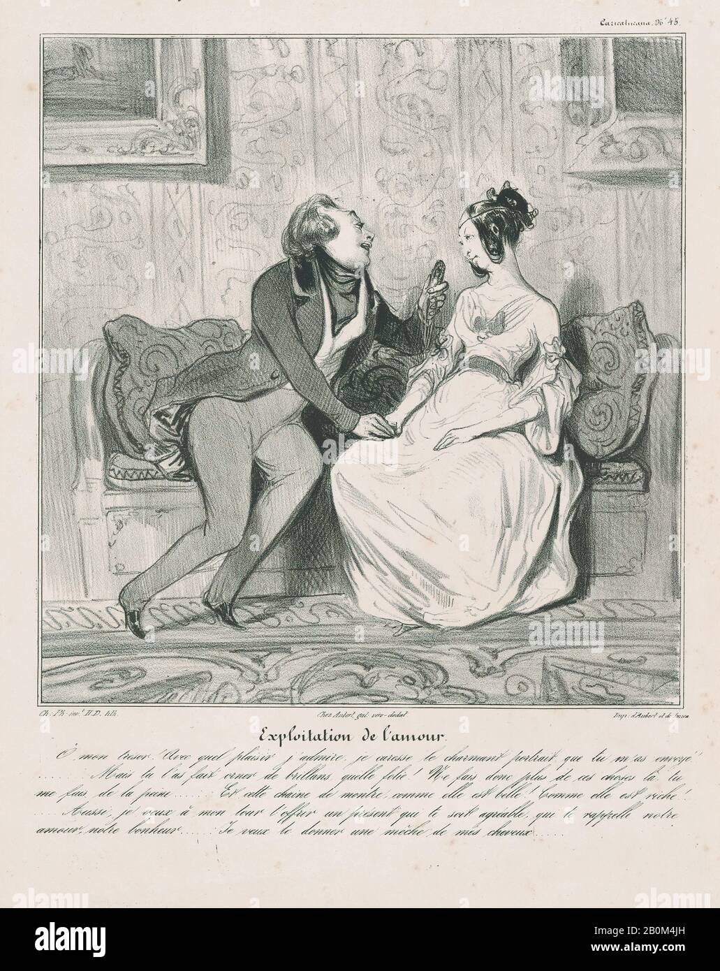 Honoré Daumier, Platte 45: Ausbeutung der Liebe, von "Caricaturana", veröffentlicht in Les Robert Macaires, "Caricaturana", Honoré Daumier (Französisch, Marseille, 1809-1879 Valmondois), Charles Philipon (Französisch, Lyon 1800-1862 Paris), 1832-8, Lithograph auf wove Papier; zweiter Bundesstaat von zwei (Delteil, Bild 9: Bild 9. × 8 11/16 Zoll (22,9 × 22 cm), Blatt: 13 7/16 × 10 3/16 Zoll (34,1 × 25,8 cm), Ausdrucke Stockfoto