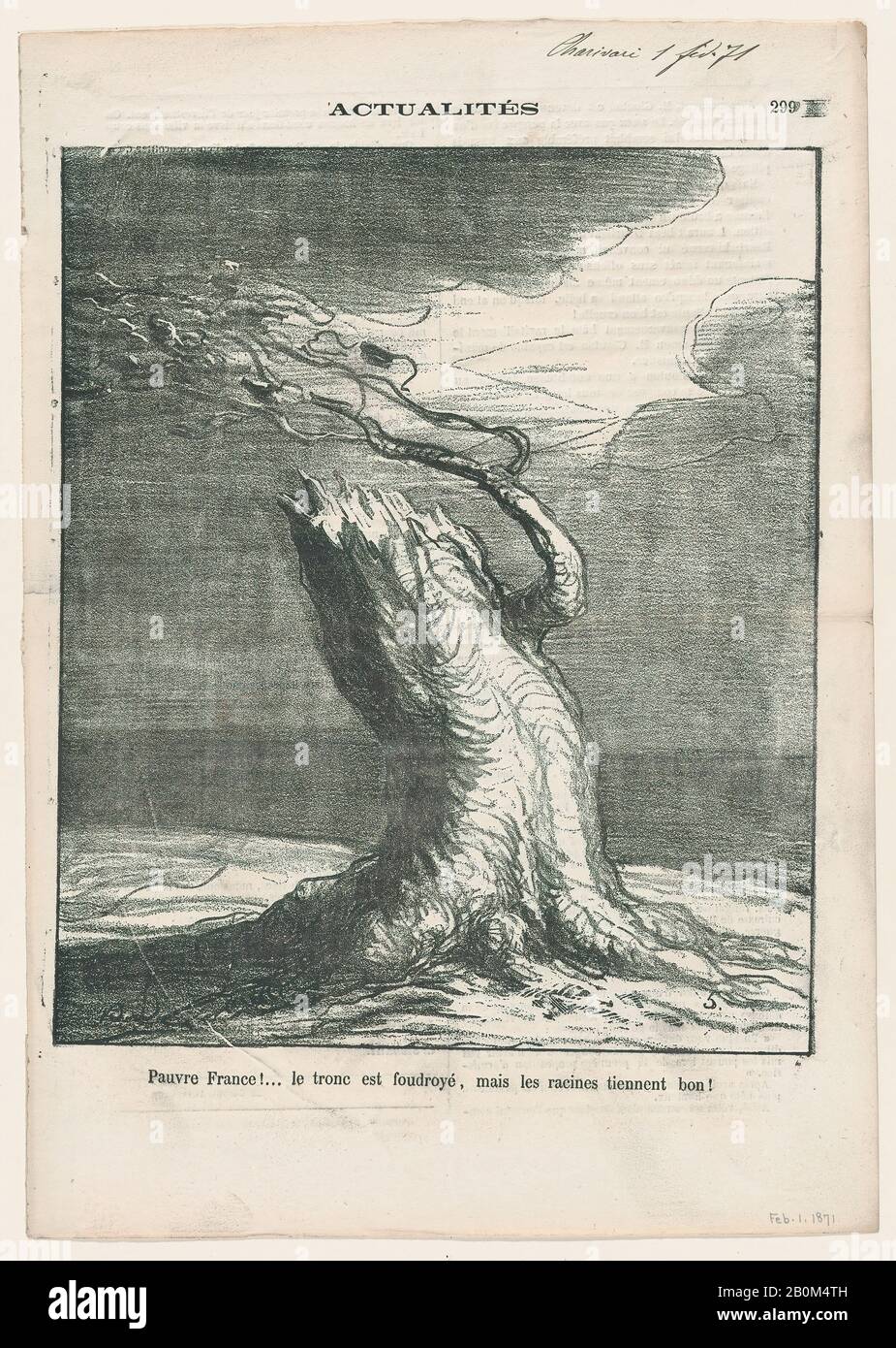 Honoré Daumier, Das Arme Frankreich, der Stamm wurde vom Blitz getroffen, aber die Wurzeln halten schnell, von "News of the Day", veröffentlicht in Le Charivari, 1. Februar 1871, "News of the Day" (Actualités), Honoré Daumier (Französisch, Marseille von 1801-1879 Valmondois), 1. Februar 1871, Lithographisch auf drei Seiten des Staates Deltegil (Bild), Sprint von drei: 9 3/16 × 7 11/16 Zoll (23,3 × 19,6 cm), Blatt: 12 5/16 × 8 11/16 Zoll (31,2 × 22 cm), Ausdrucke Stockfoto