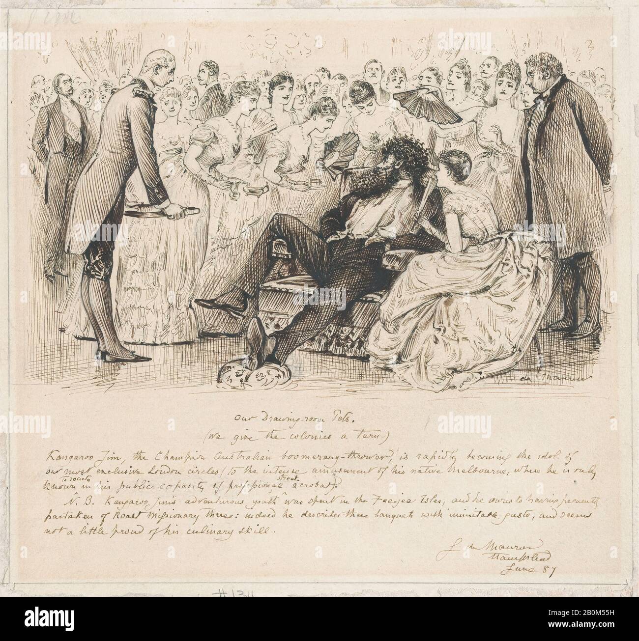 George Du Maurier, Unser Zeichenzimmer Pets-with 'Kangaroo Jim, the Champion Australian Bumerang-thrower,' for 'Punch,' 2. Juli, 1887, George Du Maurier (Britisch, Paris 1834-1896 London), 1887, Pen and Brown Ink, Bild: 8 3/8 in. × 9 Zoll (21,2 × 22,8 cm), Blatt: 8 3/4 × 9 1/4 Zoll (22,2 × 23,5 cm), Zeichnungen Stockfoto