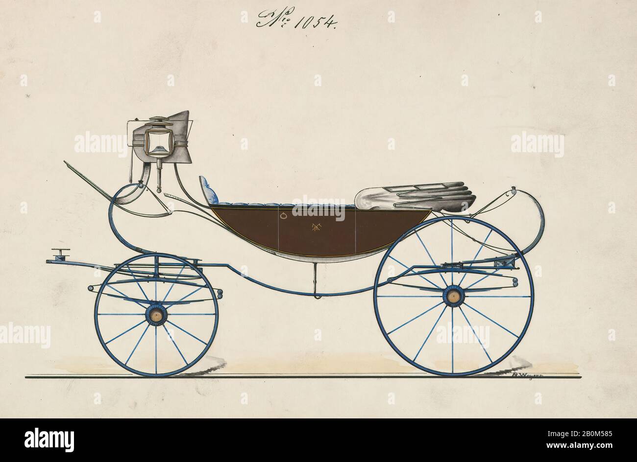 Brewster & Co., Design for Cabriolet, nein 1054, Brewster & Co. (Amerikanisch, New York), B. Weyers (amerikanisch, aktiv 1850-75), 1850-70, Stift- und schwarze Tinte, Aquarell und Gouache mit Gummi arabischer und metallischer Tinte, Blatt: 6 1/16 x 8 13 / 16 Zoll (15,4 x 22,4 cm), Zeichnungen Stockfoto