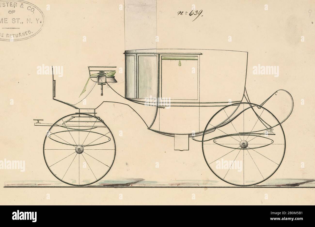 Brewster & Co., Design for Coupe, nein 639 ('Clarence In Dreiviertelgröße mit C Springs Dahinter'), Brewster & Co. (American, New York), 1850-70, Aquarell und Tinte, Blatt: 6 15/16 x 8 9/16 Zoll. (17,6 x 21,7 cm), Zeichnungen Stockfoto