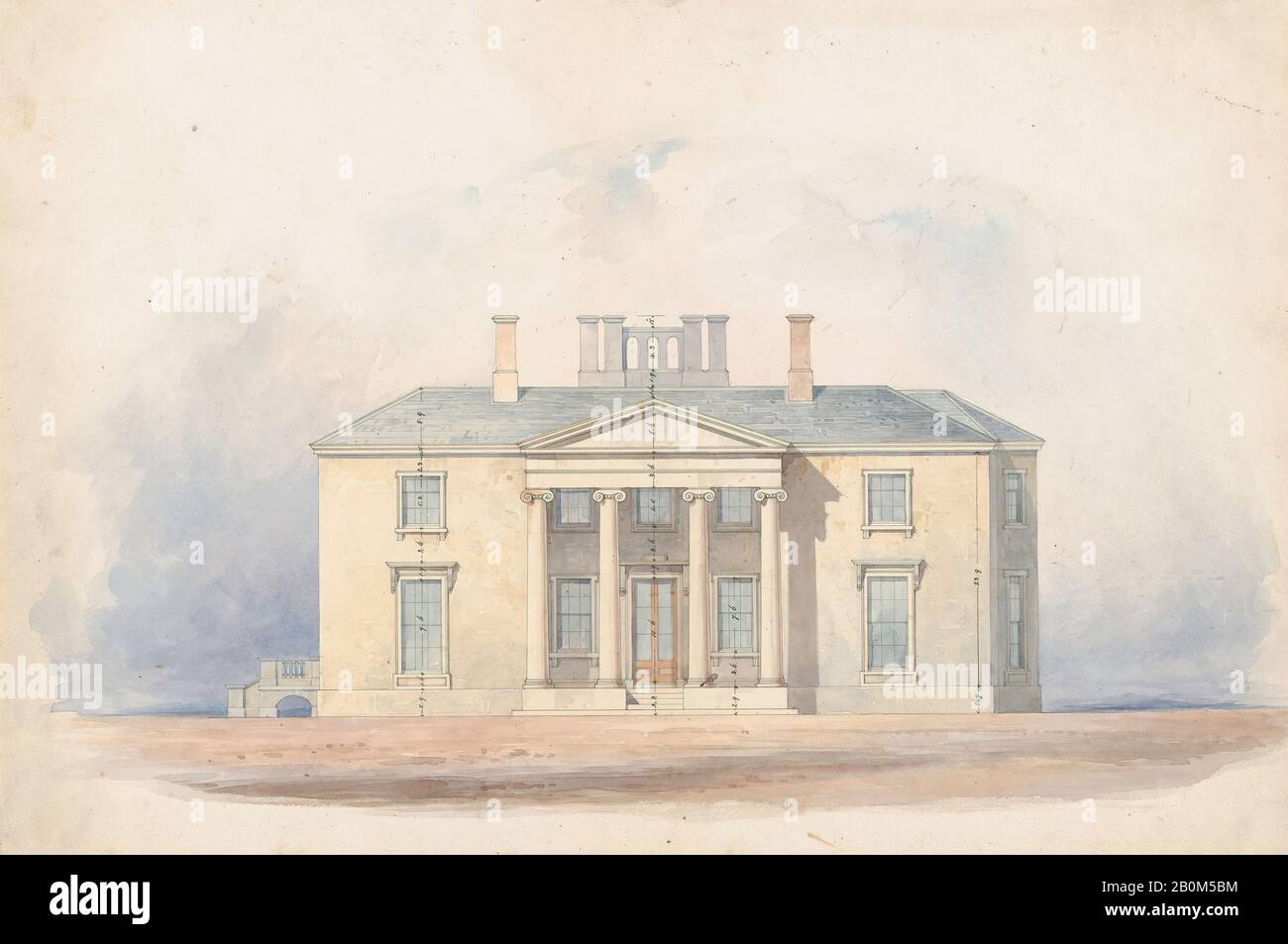 Anonym, Britisch, 19. Jahrhundert, Design for a Classical Country House, Entrance Elevation, Anonymous, British, 19. Jahrhundert, Watercolor, Stift und Tinte, Blatt: 10 13 / 16 × 16 1/16 Zoll (27,5 × 40,8 cm Stockfoto