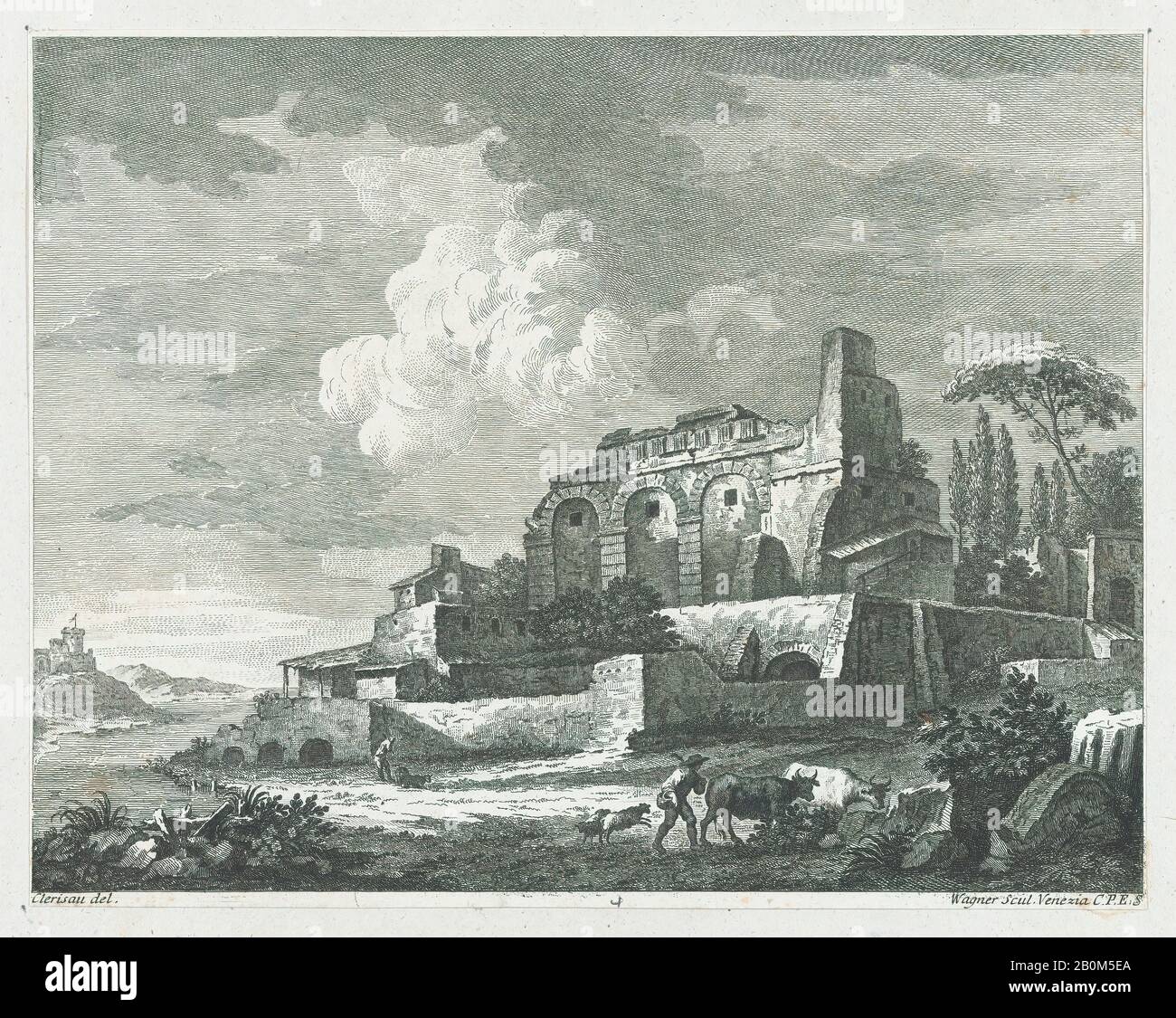 Joseph Wagner, Landschaft mit Ruinen, nach Charles Louis Clérisseau (Französisch, Paris 1721-1820 Auteuil), ca. 1.750-70, Ätzung, Blech (Getrimmt): 14 3/16 × 9 3/4 Zoll (36 × 24,8 cm), Ausdrucke Stockfoto