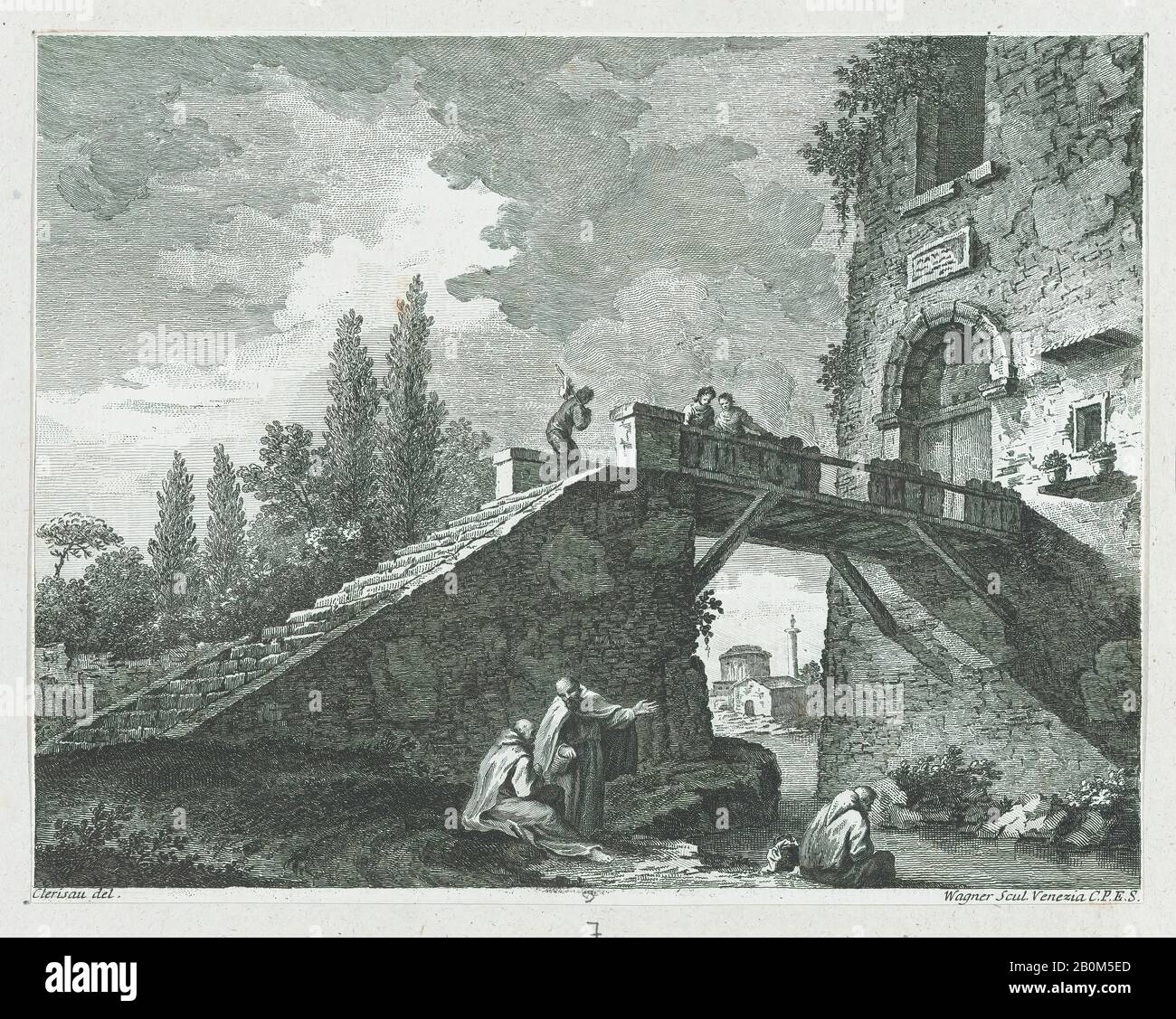 Joseph Wagner, Landschaft mit Brücke, nach Charles Louis Clérisseau (Französisch, Paris 1721-1820 Auteuil), ca. 1.750-70, Ätzung, Blech (Getrimmt): 9 1/8 × 11 5/8 Zoll (23,2 × 29,5 cm), Ausdrucke Stockfoto