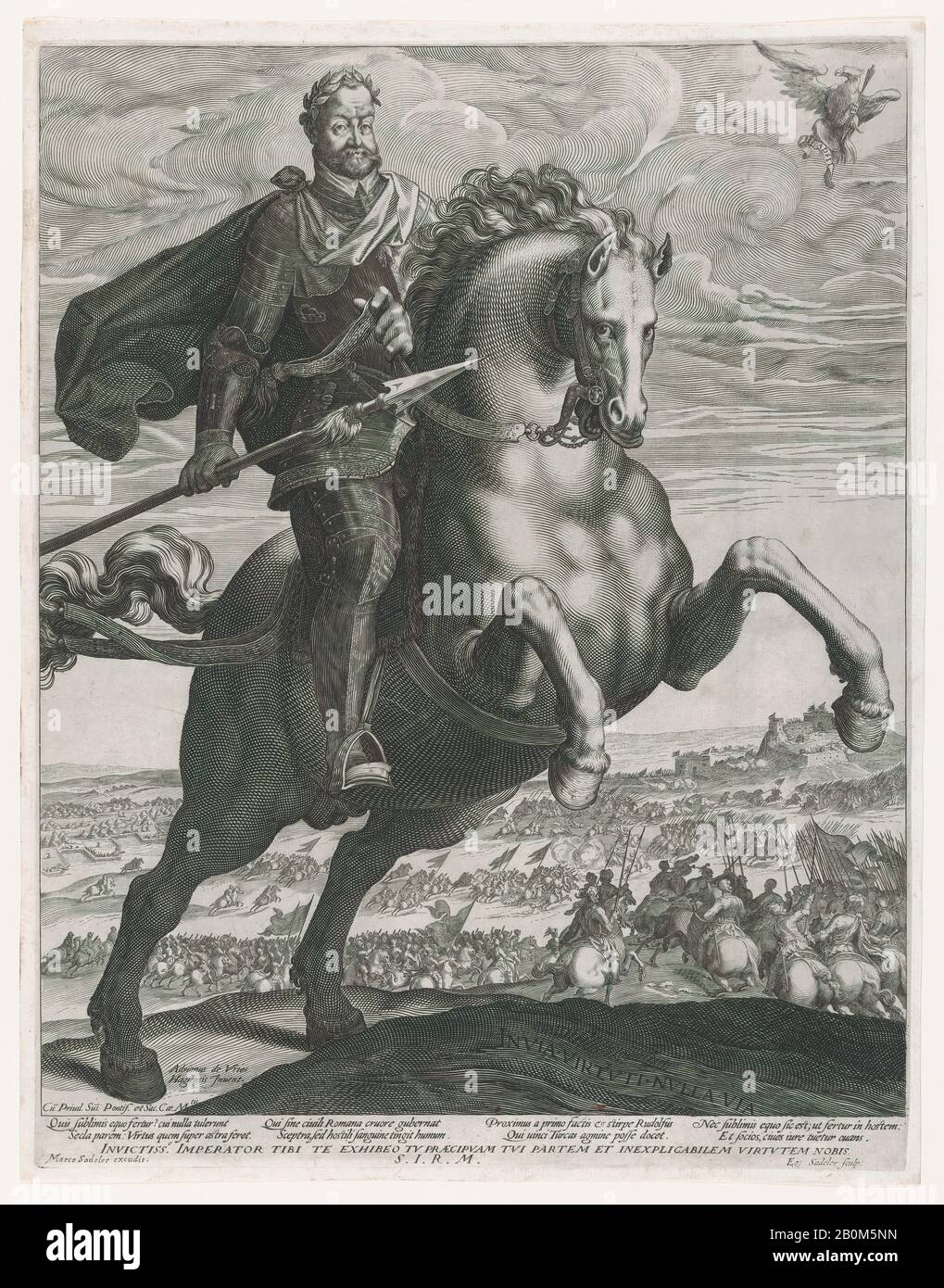 Ägidius Sadeler II., Porträt von Kaiser Rudolph II. Auf Horseback, Ägidius Sadeler II (Netherlandisch, Antwerpen 1568-1629 Prag), Nach Adriaen de Vries (Netherlandisch, Den Haag Ca. 1545-1626 Prag), 1586-1629, Gravur, Blatt: 19 15/16 × 15 1/2 Zoll. (50,7 × 39,3 cm), Platte: 19 3/8 × 15 Zoll (49,2 × 38,1 cm), Ausdrucke Stockfoto
