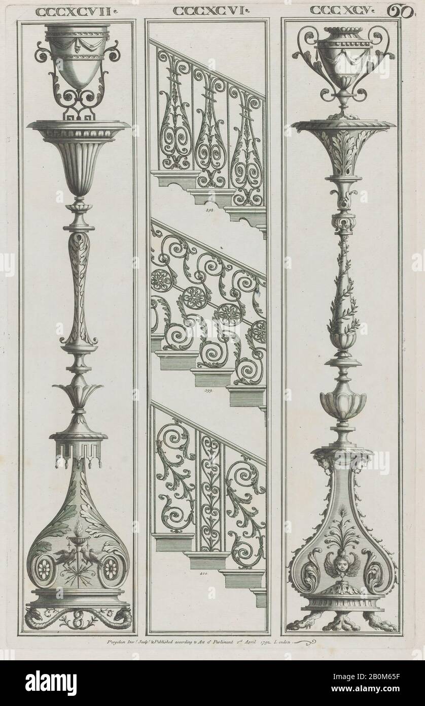 Michelangelo Pergolesi, Candelabra Designs und Treppengeländer Designs, Nr. CCCXCV-CCCXCVII und 398-400 ('Designs für Verschiedene Verzierungen', pl. April, 1. April, Radierung, Platte: 17 13 / 16 × 11 5/16 Zoll (45,2 × 28,8 cm), Blatt: 19 13 / 16 × 13 15/16 Zoll (50,3 × 35,4 cm Stockfoto