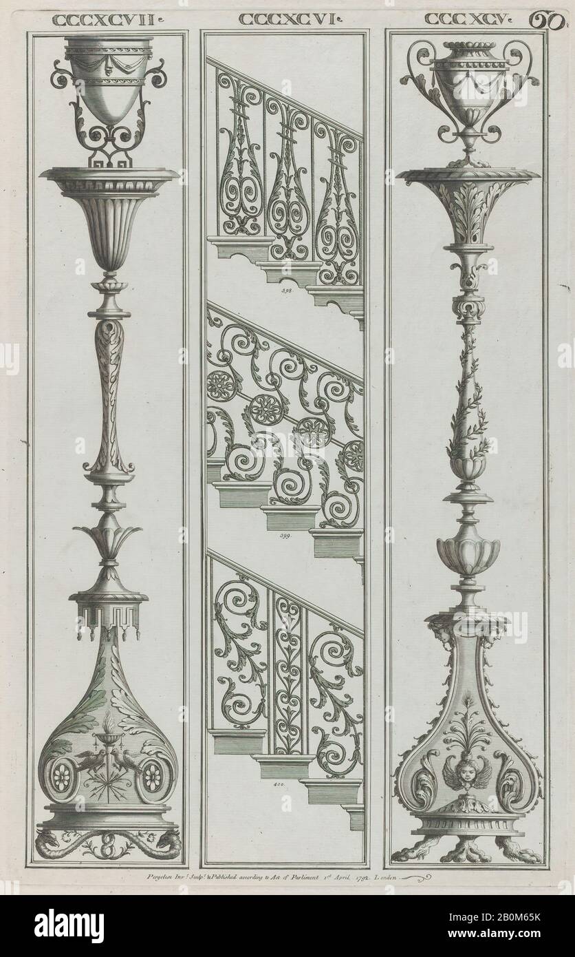 Michelangelo Pergolesi, Candelabra Designs und Treppengeländer Designs, Nr. CCCXCV-CCCXCVII und 398-400 ('Designs für Verschiedene Verzierungen', pl. April, 1. April, Radierung, Platte: 17 13 / 16 × 11 5/16 Zoll (45,3 × 28,8 cm), Blatt: 21 3/16 × 14 7/8 Zoll (53,8 × 37,8 cm Stockfoto