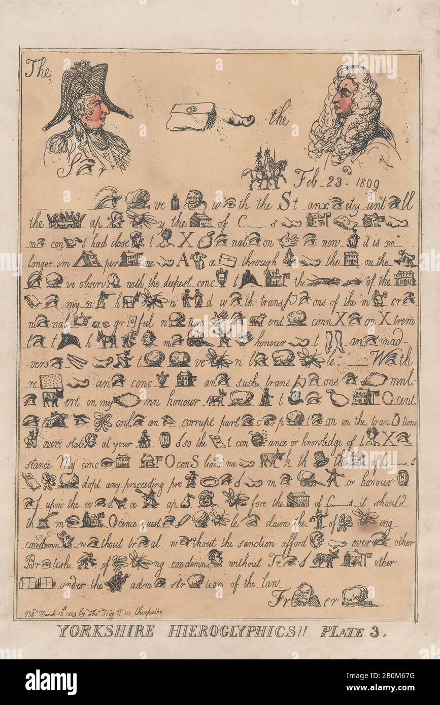 Thomas Rowlandson, Yorkshire Hieroglyphics, Plate 3, Thomas Rowlandson (British, London 1757-187 London), Prince Frederick Augustus, Duke of York and Albany (British, London 1762-7 London), Charles Abbot, 1st Baron Colchester (British, Abingdon, Berkshire 1757-1829 London), 13. März 1809, Handfarbige Radierung, Blatt: 14 13./16 × 15. 16. März. (37,6 × 25,2 cm), Ausdrucke Stockfoto
