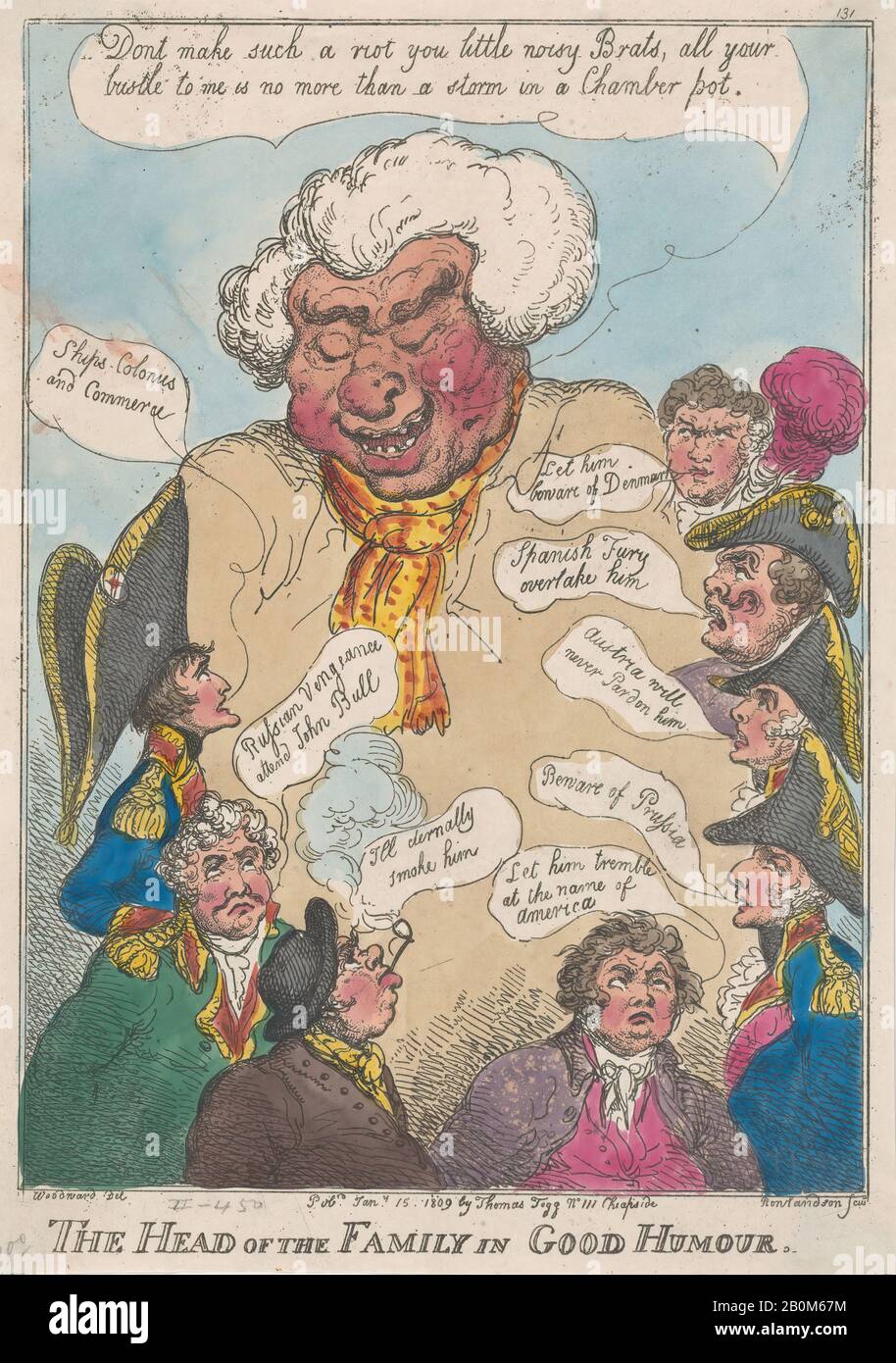 Thomas Rowlandson, Familienoberhaupt in Guter Laune, Thomas Rowlandson (Britisch, London 1757-187 London), Nach George Moutard Woodward (Britisch, Ca. 170-1809 London), 15. Januar 1809, Handfarbige Radierung, Blatt (getrimmt): 13 1/8 × 9 5/16 Zoll. (33,3 × 23,6 cm), Ausdrucke Stockfoto