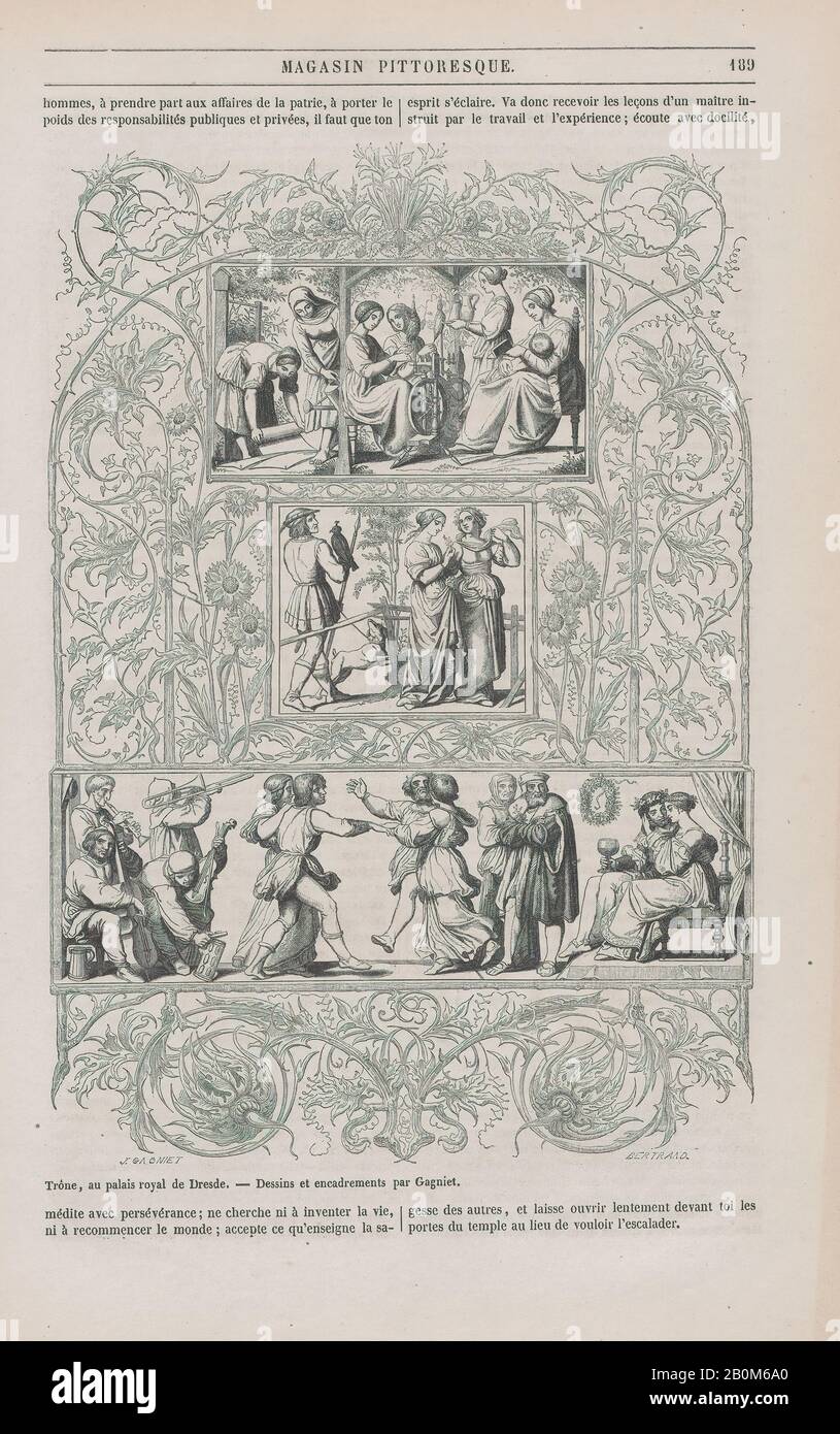 Anonym, menschliches Leben, nach den Freskenbildern von Eduard Bendemann im Thronsaal des Königlichen Palastes von Dresden, Seite 189 von 'Magasin Pittoresque', 'Magasin Pittoresque', Anonymous (Bertrand), Mittlerer Zeichner Jacques Gagné (Französisch, St-Priest-la-Feuille, 1830-1864 Paris), Nach Eduard Julius Friedrich Bendemann (Deutsch, 169898989898989898989898989898 8 9/16 × 5 7/8 Zoll (21,8 × 15 cm), Blatt: 11 11/16 × 7 3/8 Zoll (29,7 × 18,8 cm), Ausdrucke Stockfoto