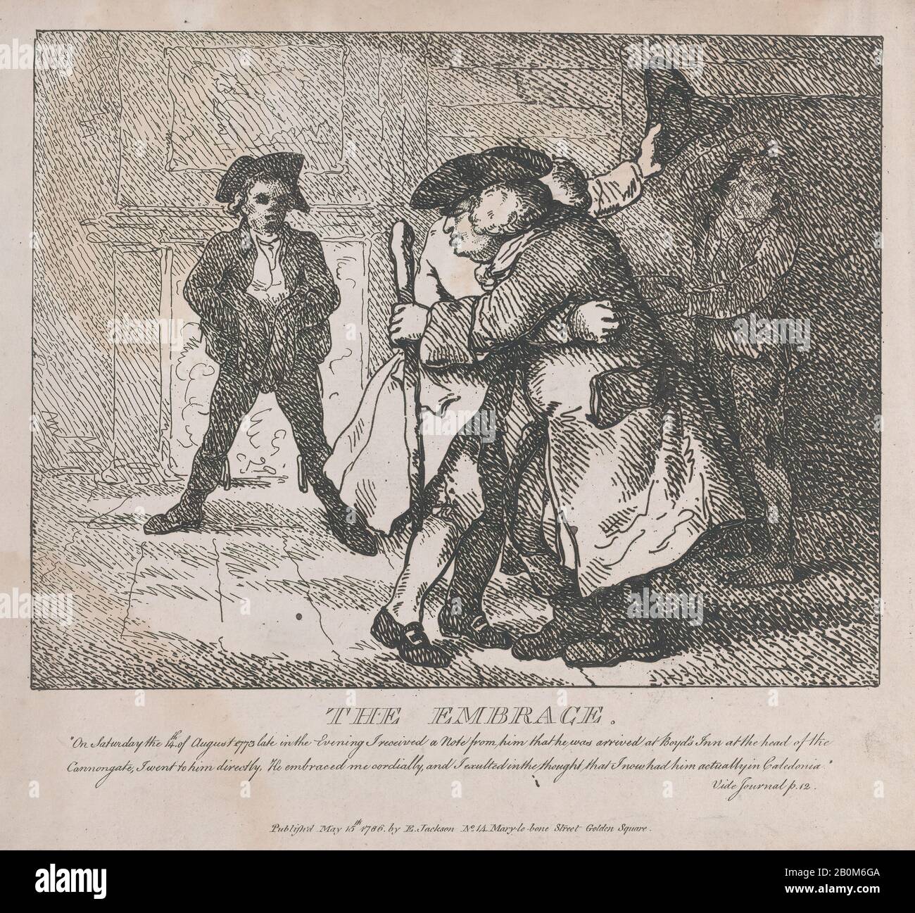 Thomas Rowlandson, The Embrace (Malerische Schönheiten von Boswell, Teil der Ersten), Pittoreske Beauties of Boswell, Thomas Rowlandson (Britisch, London 1757-187 London), After Samuel Collings (Britisch, aktiv 1705-95), James Boswell (Britisch, Edinburgh, Schottland 1742-95), Samuel Johnson (Britisch, Lichfield, Staffordshire 1709-London, 1709, 1701, 15. Mai, 15. 9 13 / 16 × 10 3/4 Zoll (25 × 27,3 cm), Ausdrucke Stockfoto