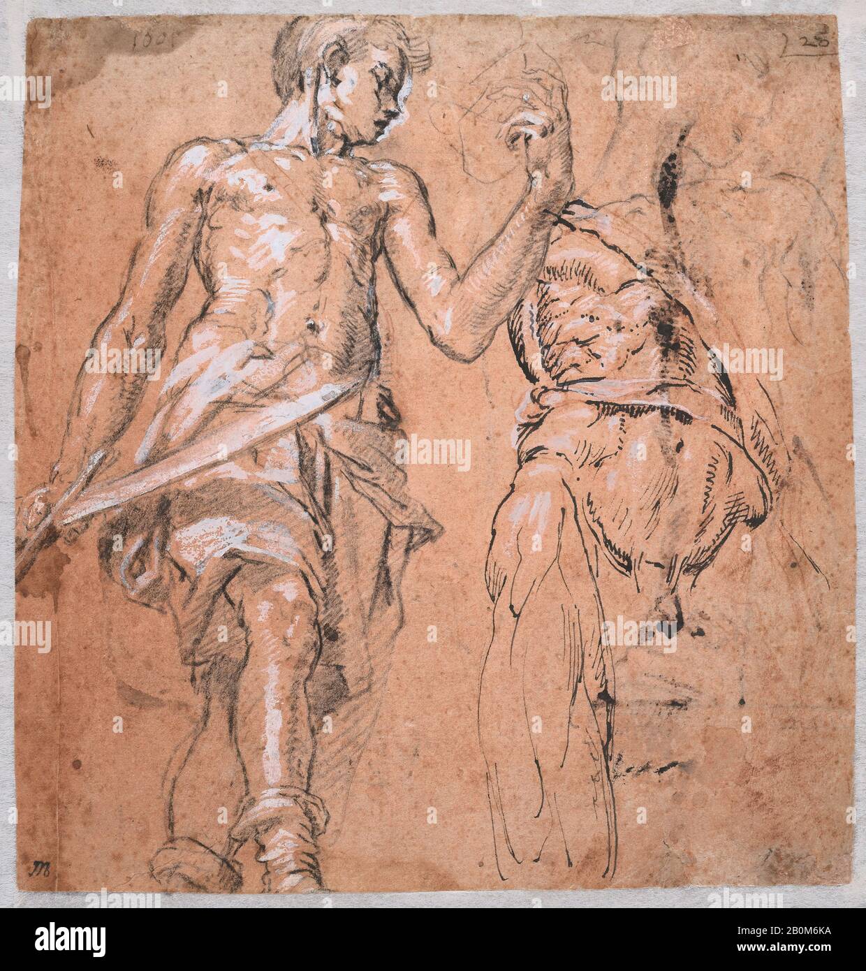 Peter Candid (Pieter de Witte, Pietro Candido), Zwei Studien eines stehenden Mannes mit einem Schwert (Alexander der Große); siehe: Untersuchungen eines Beins, eines Arms, einer Hand und eines Figurennutzens, Peter Candid (Pieter de Witte, Pietro Candido) (Niederlande, Brügges Ca. 1548-1628 München), ca. 1601, Stift und schwarze Tinte, verstärkt mit weißem Gouache, über schwarzer und roter Kreide, auf pink zubereitetem Papier, Blatt: 7 1/2 × 6 1/2 Zoll. (19 × 16,5 cm), Zeichnungen Stockfoto