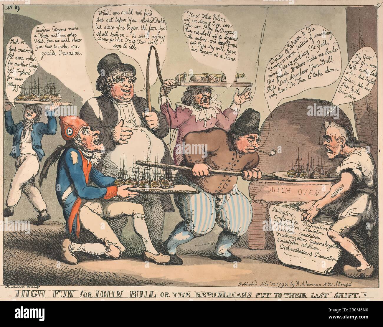 Thomas Rowlandson, Hoher Spaß für John Bull oder die Republikaner Stellten zu ihrer Letzten Schicht, Thomas Rowlandson (Britisch, London 1757-187 London), 12. November, 1798, Handfarbige Radierung und Aquatint, Blatt: 11 Zoll. × 14 1/8 Zoll (28 × 35,9 cm), Ausdrucke Stockfoto