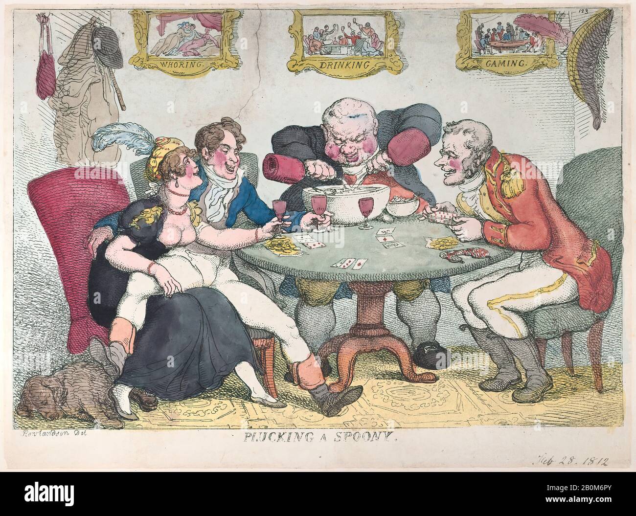 Thomas Rowlandson, Zupfend a Spoony, Thomas Rowlandson (Britisch, London 1757-187 London), 28. Februar 1812, Handfarbige Radierung, Blatt: 9 15/16 × 13 7/16 in. (25,2 × 34,1 cm), Ausdrucke Stockfoto