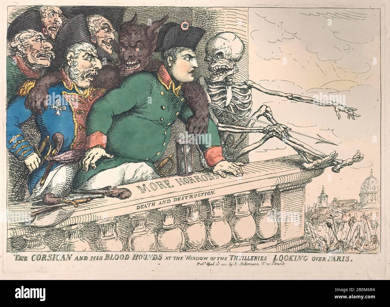 Thomas Rowlandson, Der Korse und Seine Bluthunde am Fenster der Thuilleries, Die Über Paris blicken, Thomas Rowlandson (Britisch, London 1757-187 London), Napoléon Bonaparte (Französisch, Ajaccio 609-182 St. Helena), 16. April 1815, Handfarbige Radierung, Platte: 9 5/8 × 13 11/16 in. (24,5 × 34,7 cm), Blatt: 11 13 / 16 × 19 1/8 Zoll (30 × 48,5 cm), Ausdrucke Stockfoto