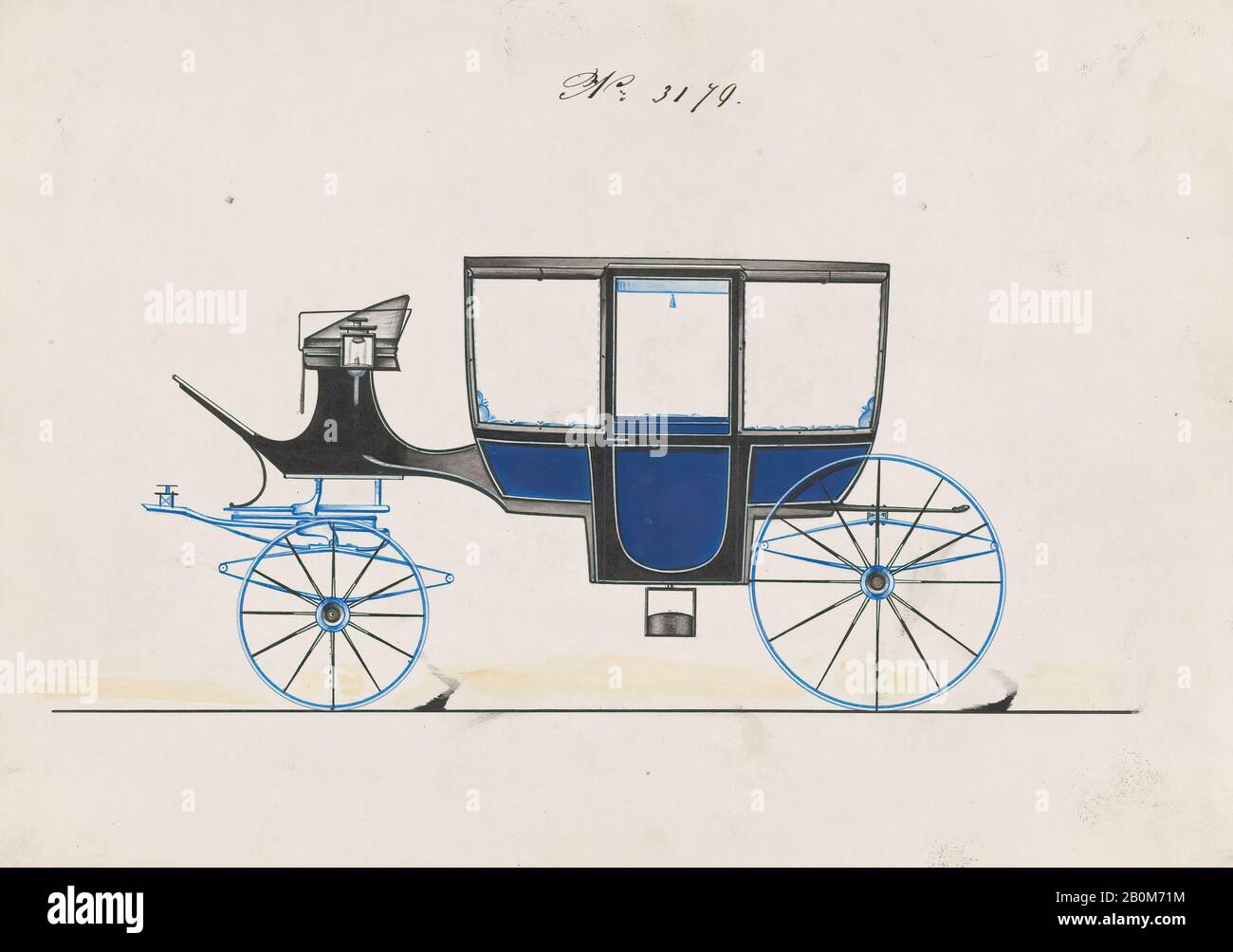 Brewster & Co., Design for Glass Panel Coach, nein 3179, Brewster & Co. (American, New York), 1875, Pen and Black Ink, Watercolor and Gouache, Blatt: 6 15/16 x 9 1/2 Zoll. (17,6 x 24,1 cm), Zeichnungen Stockfoto