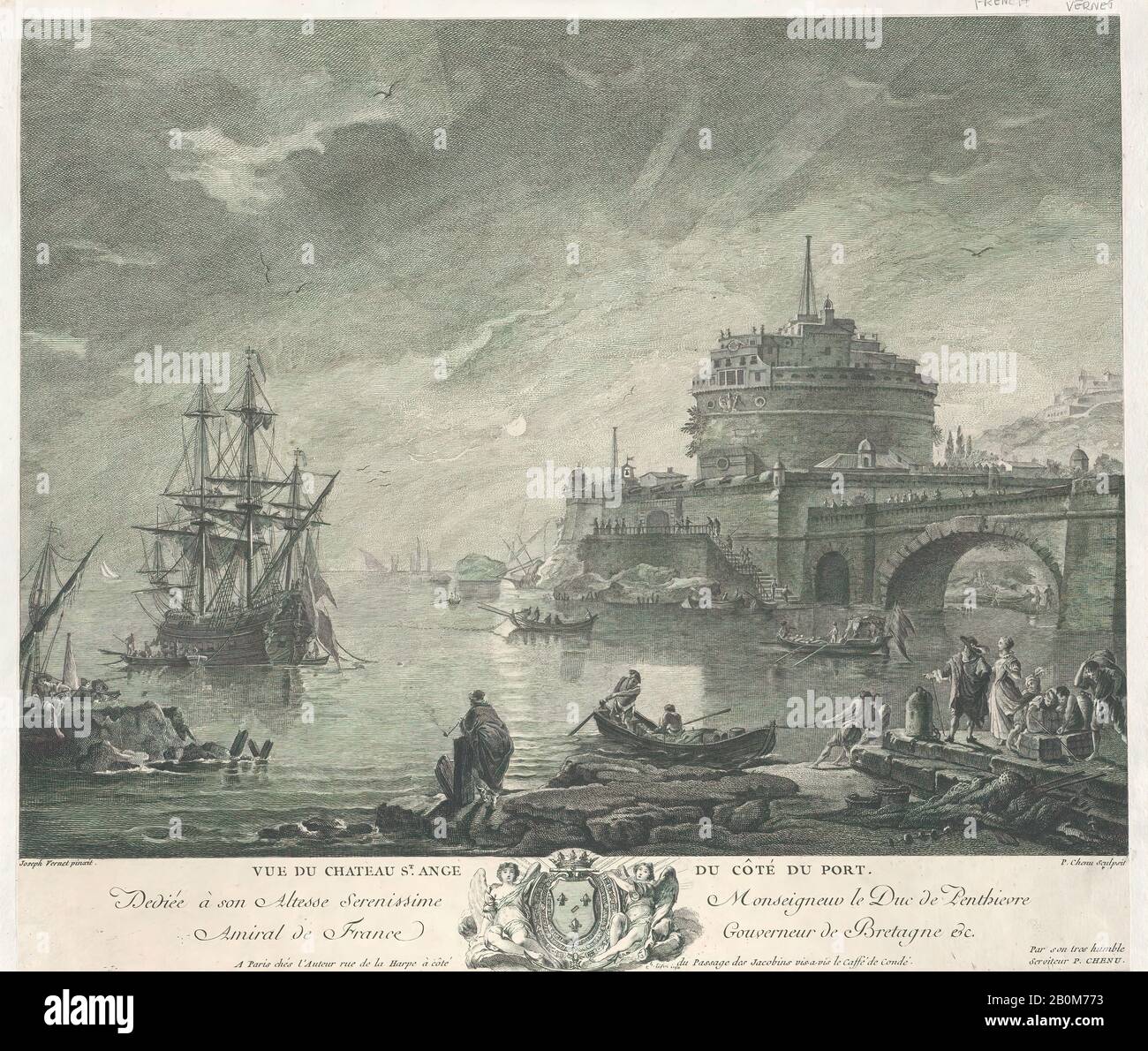 Nach Joseph Vernet, Blick auf das Schloss des Heiligen Engels von Port Side, Nach Joseph Vernet (Französisch, Avignon 1714-1789 Paris), Pierre Chenu (Französisch, Paris 1730-Ende 18. Jahrhundert), Ca. 170-1800, Gravur, Bogen (Getrimmt): 14 1/8 × 16 5/16 Zoll (35,8 × 41,5 cm), Ausdrucke Stockfoto