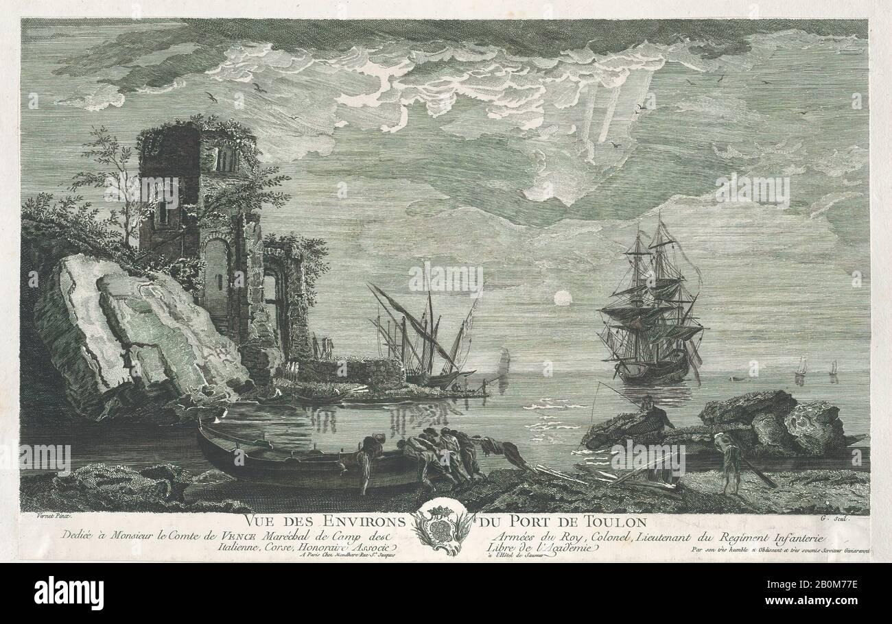 Nach Joseph Vernet, Blick auf die Umgebung des Hafen von Toulon, Nach Joseph Vernet (Französisch, Avignon 1714-1789 Paris), Giavaranni (aktiv 18. Jahrhundert), Ca. 1.750-1800, Gravur, Blech (Getrimmt): 11 1/4 × 17 5/8 Zoll (28,6 × 44,7 cm), Ausdrucke Stockfoto