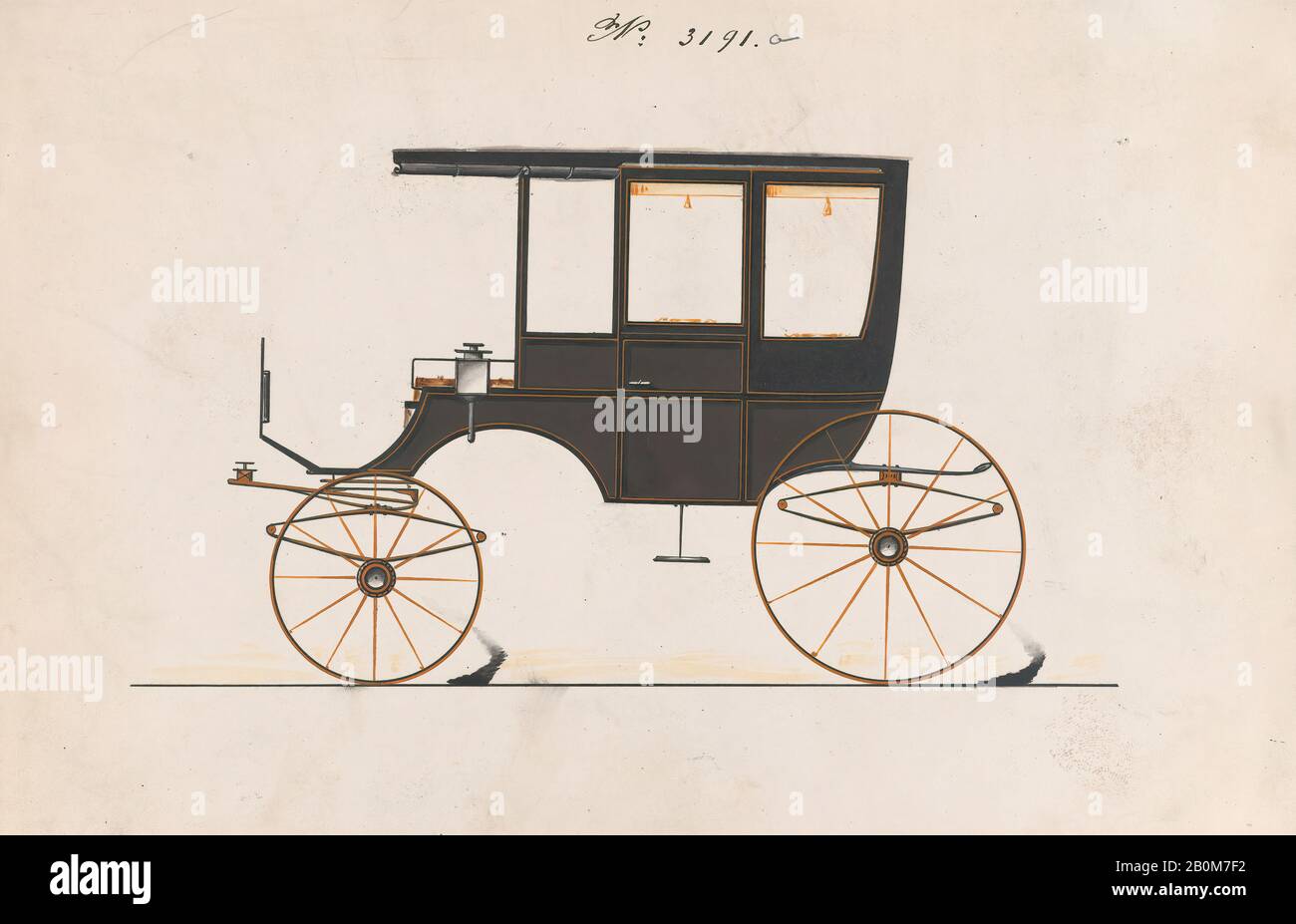 Brewster & Co., Design for 6 Seat Rockaway, nein 3191A, Brewster & Co. (American, New York), 1876, Pen und schwarze Tinte, Aquarell und Gouache, Blatt: 6 9/16 x 9 3/4 Zoll. (16,7 x 24,8 cm), Zeichnungen Stockfoto