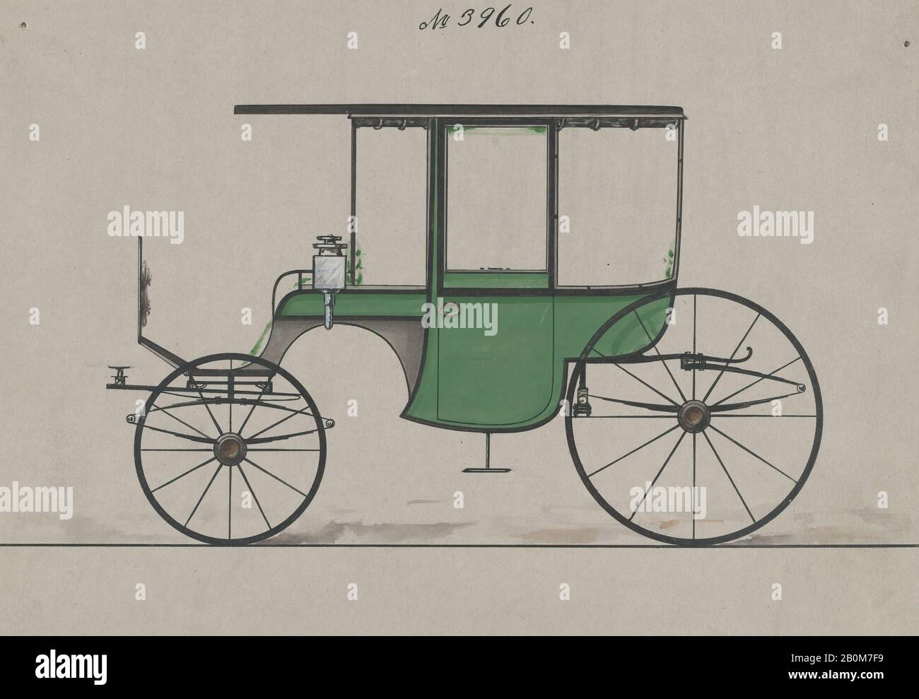 Brewster & Co., Design for 6 Seat Rockaway, nein 3960, Brewster & Co. (American, New York), Herman Stahmer (American, 1857-1894), 1886, Pen and Black ink, watercolor and gouache, Sheet: 6 1/4 x 8 5/8 in. (15,9 x 21,9 cm), Zeichnungen Stockfoto