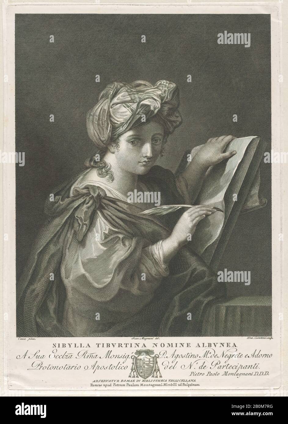 Girolamo Carattoni, Die Tiburtine Sibyl, Girolamo Carattoni (italienisch, ca. 1809), Intermediärer Zeichner Giovanni Magnani (italienisch, aktiv ca. Jahrhundert), Nach Sebastiano Conca (italienisch, Gaeta 1676 oder 1680-1764 Neapel), ca. Um das Jahr um das Jahr um das Jahr um das Jahr um das Jahr um das Jahr 1701 ×, Mit Gravur, Platte: (34,9 × 24,8 cm), Blatt: 14 Zoll × 10 1/16 Zoll (35,5 × 25,5 cm), Ausdrucke Stockfoto