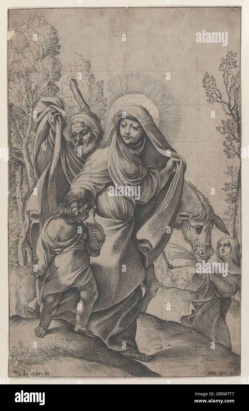 Francesco Brizio, Die Rückkehr aus Ägypten, Francesco Brizio (Italienisch, Bologna Ca. 1574-1623 Bologna), Nach Ludovico Carracci (Italienisch, Bologna 1555-1619 Bologna), 1595-1623, Gravur, Bogen (Getrimmt): 8 7/16 × 5 1/4 Zoll. (21,4 × 13,4 cm), Ausdrucke Stockfoto