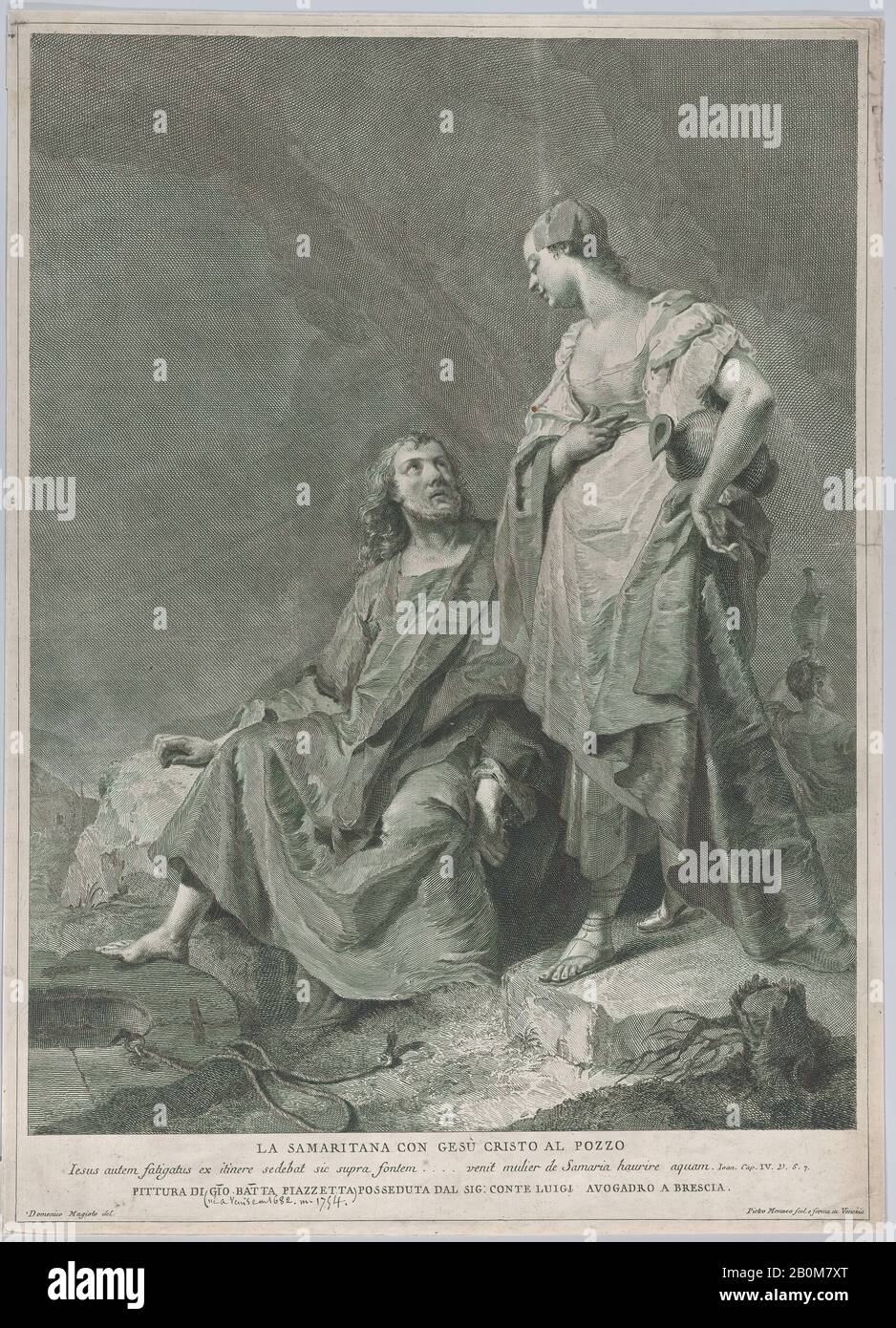 Pietro Monaco, Christus und die Frau von Samaria am Brunnen, aus der Reihe der 112 Drucke der Kirchengeschichte, nach dem Gemälde von Giovanni Battista Gazzetta, Pietro Monaco (italienisch, Belluno 1707-172 Venedig), Mittlerer Zeichner Domenico Magioto (italienisch, Venedig 1712-174 Venedig), Nach Giovanni Battista Piazzetta (italienisch, Venedig 1682-1754 Venedig), 1743-63, Ätzung und Gravur, Blatt (Getrimmt): 20 1/4 × 14 5/8 Zoll (51,5 × 37,1 cm), Ausdrucke Stockfoto