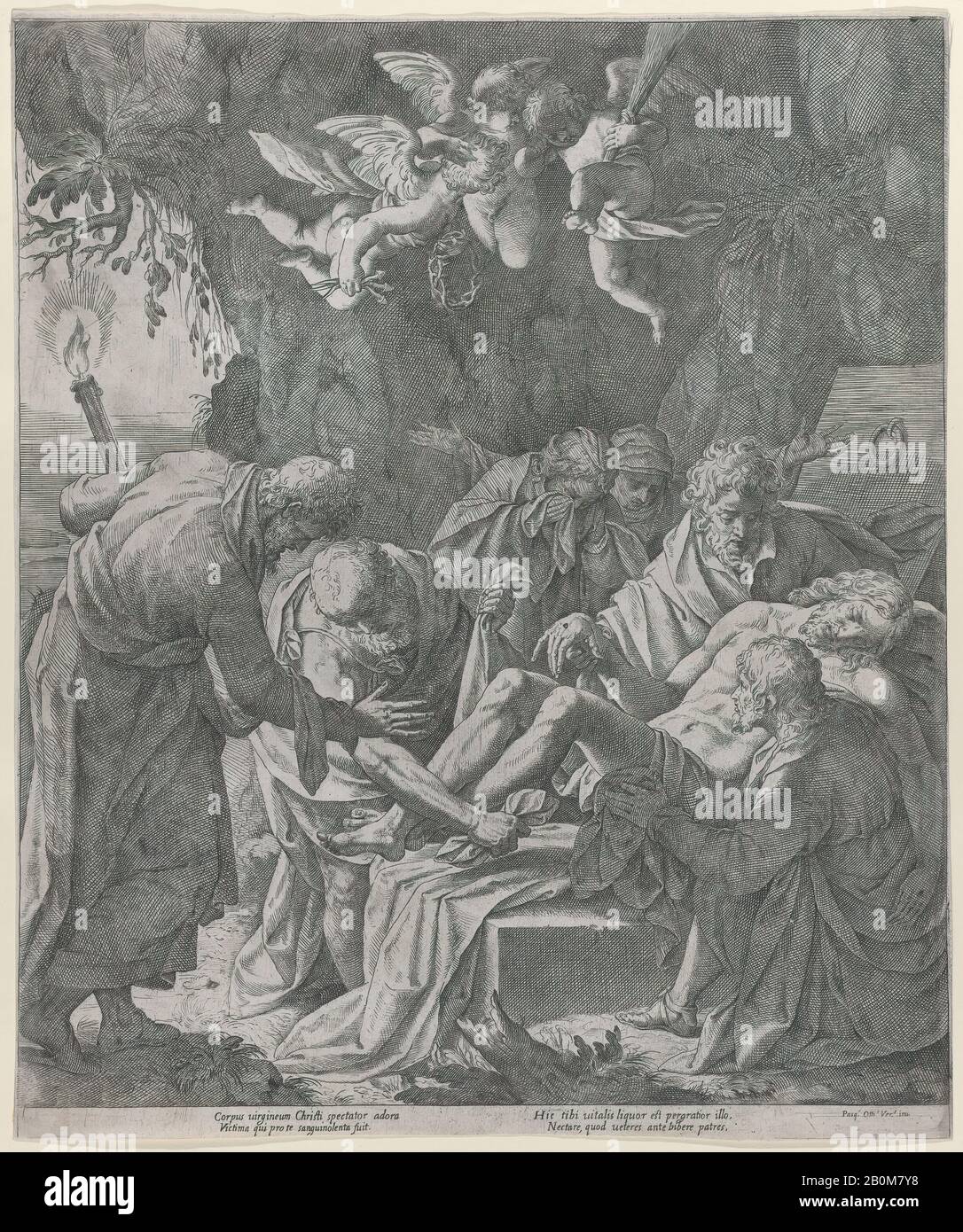 Pasquale Ottino (Pasqualotto), Christus, der in den Sepulcher gelegt wird, während die Jungfrau weinend zurücksteht, Pasquale Ottino (Pasqualotto) (Italienisch, Verona 1578-1630 Verona), 1600-30, Radierung, Blatt (Getrimmt): 14 3/8 × 11 15/16 Zoll. (36,5 × 30,3 cm), Ausdrucke Stockfoto