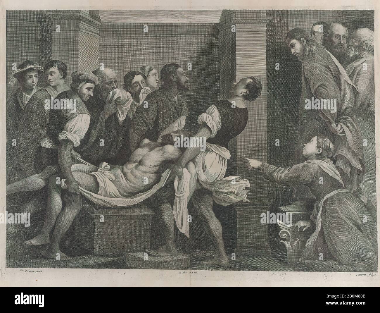 Jan van Troyen, Die Erhebung von Lazarus, der von drei Männern auf der linken Seite getragen wird, während seine Schwester und Christus auf der rechten Seite sehen; von "Theatrum Pictorium", nach Pordenone, Jan van Troyen (Flämisch, Brüssel Ca. 1610-nach 1666), Intermediärer Zeichner David Teniers der Jüngere (Flämisch, Antwerpen 1610-1690 Brüssel), Nach Giovanni Antonio da Pordenone (Giovanni Antonio de Sacchis) (Italiener, Pordenone 1483?-1539 Ferrara), Ca. 1656-60, Ätzung und Gravur, Blatt: 15 7/8 × 20 1/8 Zoll (40,4 × 51,1 cm), Platte: 14 7/16 × 19 15/16 Zoll (36,7 × 50,7 cm), Ausdrucke Stockfoto