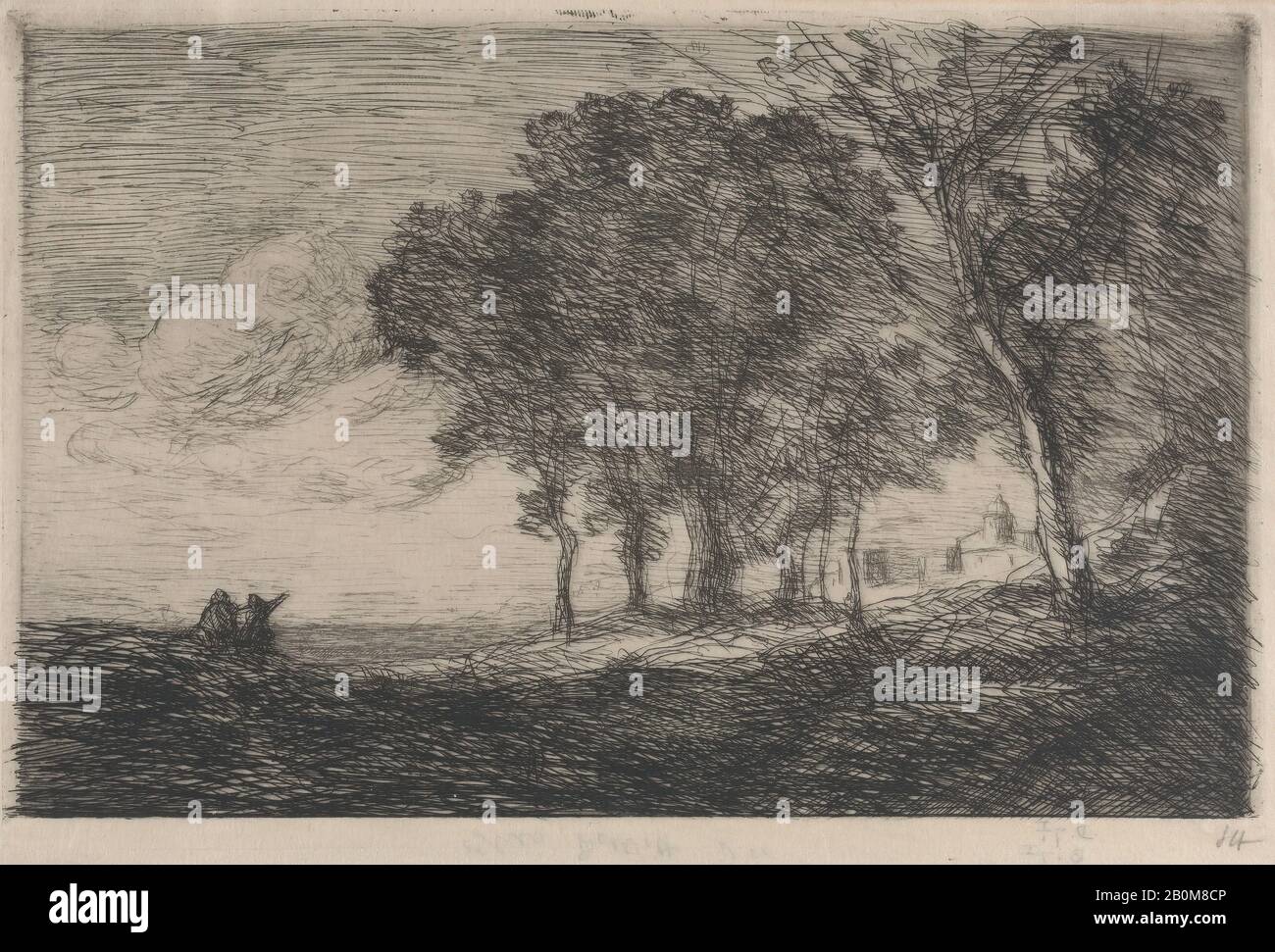 Camille Corot, italienische Landschaft (Paysage d'Italie), Camille Corot (Französisch, Paris 1796-1875 Paris), Ca. 1865, Radierung; erster Zustand von drei, Platte: 6 3/16 × 9 7/16 Zoll (15,7 × 24 cm), Blatt: 6 9/16 × 9 3/4 Zoll (16,6 × 24,8 cm), Ausdrucke Stockfoto