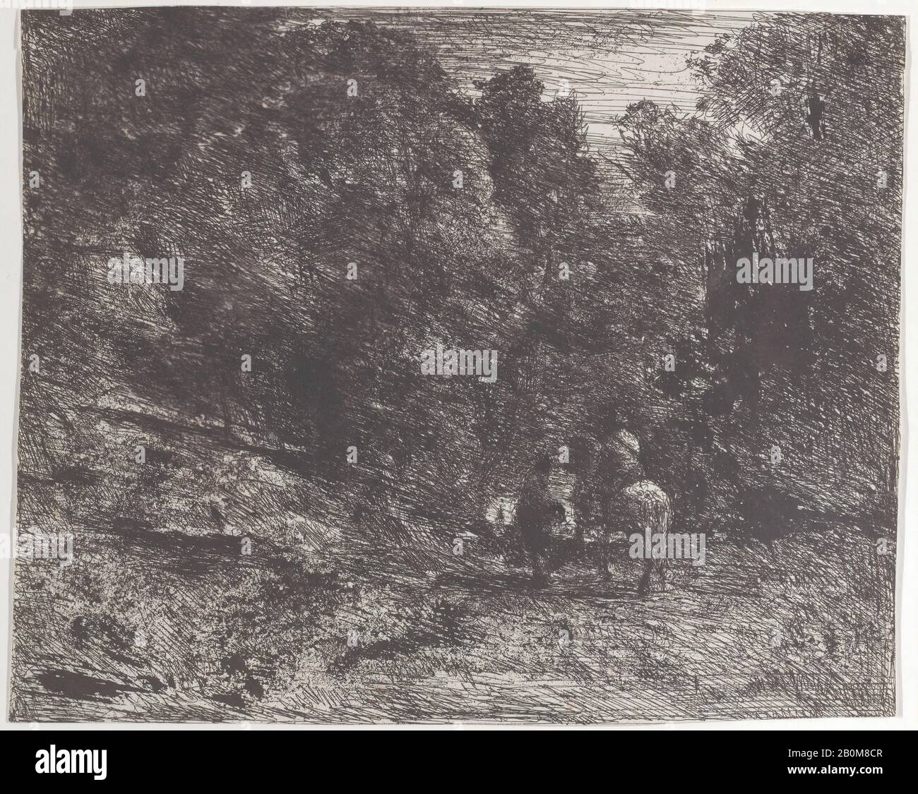 Camille Corot, Zwei Reisende in einem Wald (Le Cavalier en forêt et le piéton), Camille Corot (Französisch, Paris 1796-1875 Paris), 1854, Klischee-verre; zweiter Bundesstaat von zwei, Blatt (Getrimmt): 5 3/4 × 7 3/8 in. (14,6 × 18,7 cm), Ausdrucke Stockfoto