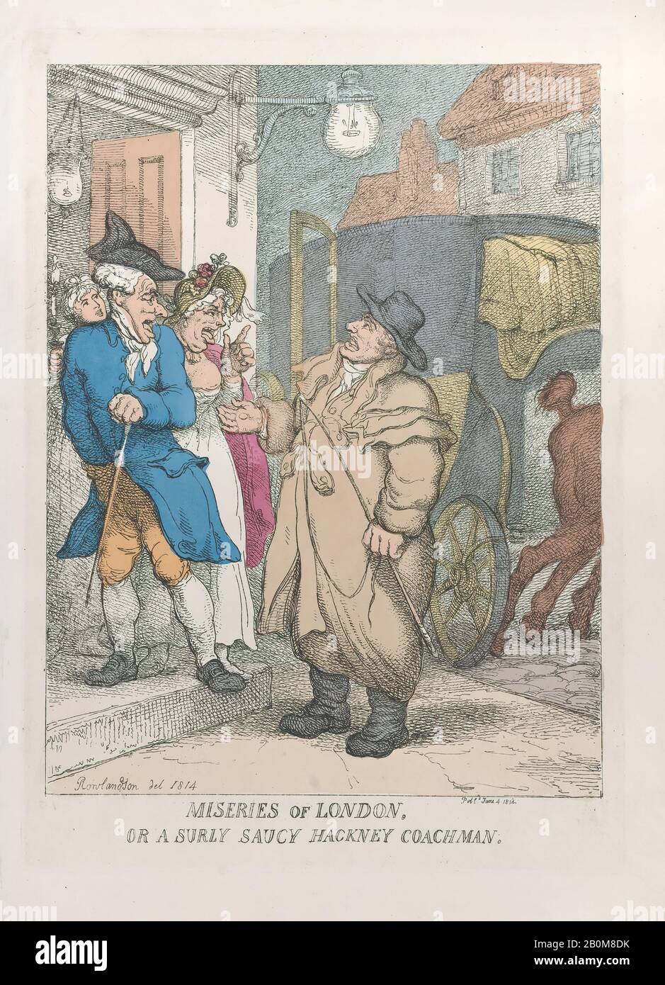 Thomas Rowlandson, Miseries of London, or a Surly Saucy Hackney Coachman, Thomas Rowlandson (British, London 1757-1827 London), 4. Juni 1814, Handfarbige Radierung; Nachdruck, Platte: 13 3/4 × 9 13 / 16 in. (35 × 25 cm), Blatt: 15 9/16 × 11 5/16 Zoll (39,5 × 28,8 cm), Ausdrucke Stockfoto