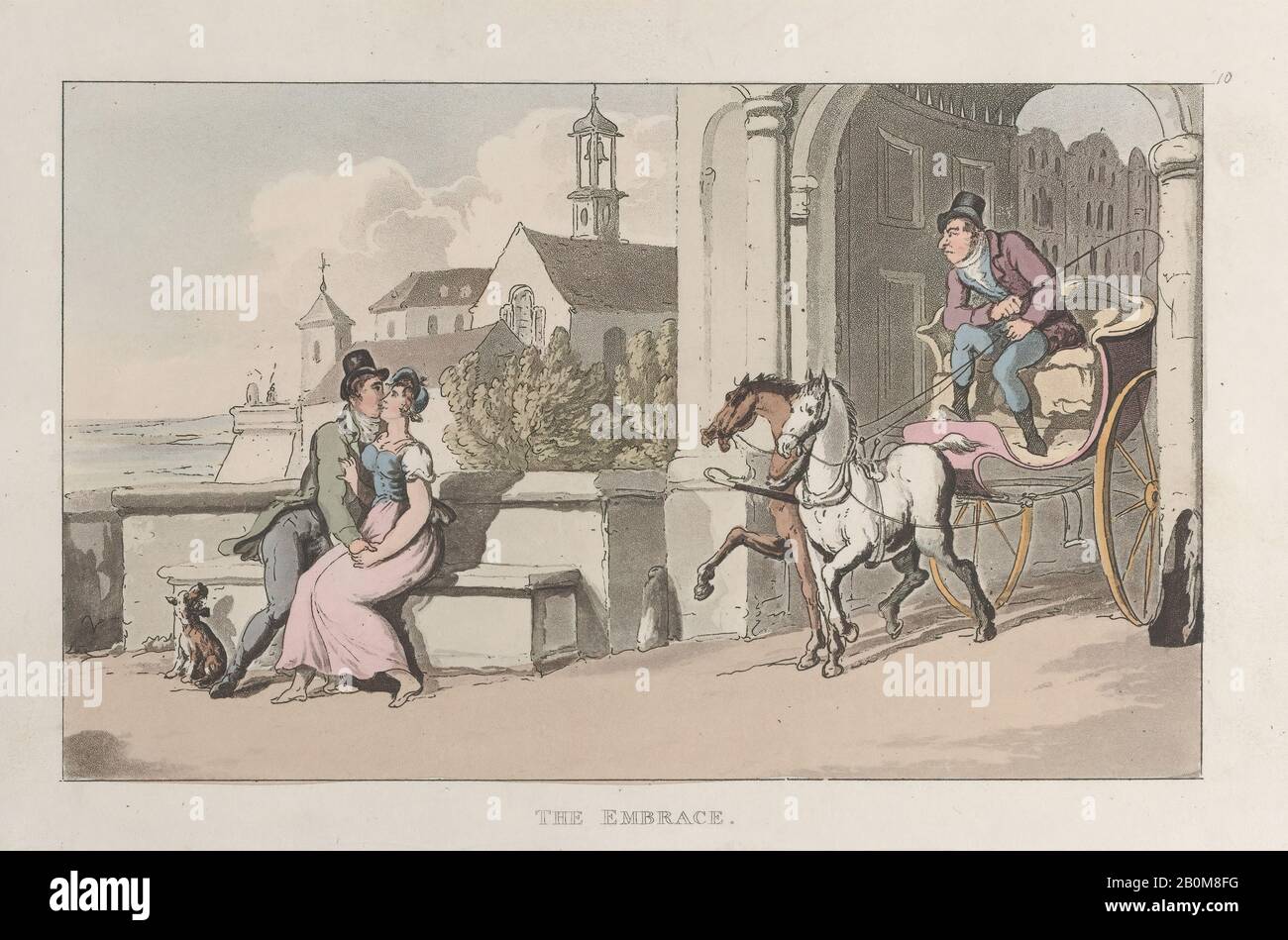 Thomas Rowlandson, The Embrace, from 'Journal of Sentimental Travels in the Southern Provinces of France, Kurz Vor der Revolution', 'Journal of Sentimental Travels in the Southern Provinces of France, Kurz Vor der Revolution', Thomas Rowlandson (British, London 1757-187 London), William Combe (British, London 1742-1823 London), 18-21, Handkolorierte Radierung und Aquatint, Blatt: 5 5/8 Zoll × 9 Zoll (14,3 × 22,9 cm), Ausdrucke Stockfoto