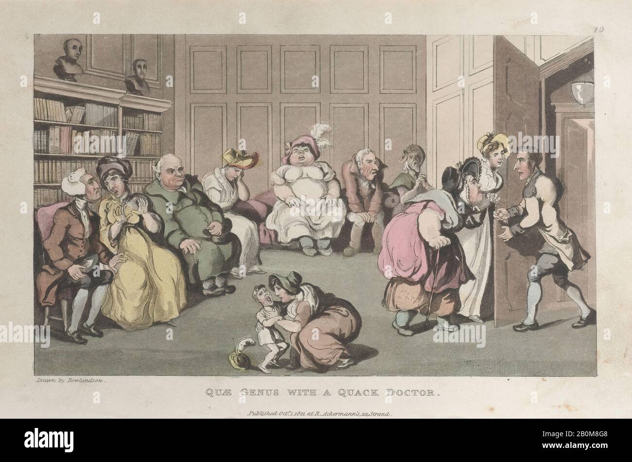 Thomas Rowlandson, Quae Genus with a Quack Doctor, from 'The History of Johnny Quae Genus, The Little Foundling of the Late Doctor Syntax', 'The History of Johnny Quae Genus, The Little Foundling of the Late Doctor Syntax', Thomas Rowlandson (British, London 1757-1827 London), William Combe (British, London 1742-1823 London), Oktober, 1. Oktober, Handkolorierte Radierung und Aquatint, Blatt: 5 1/2 × 8 13 / 16 Zoll (14 × 22,4 cm), Ausdrucke Stockfoto