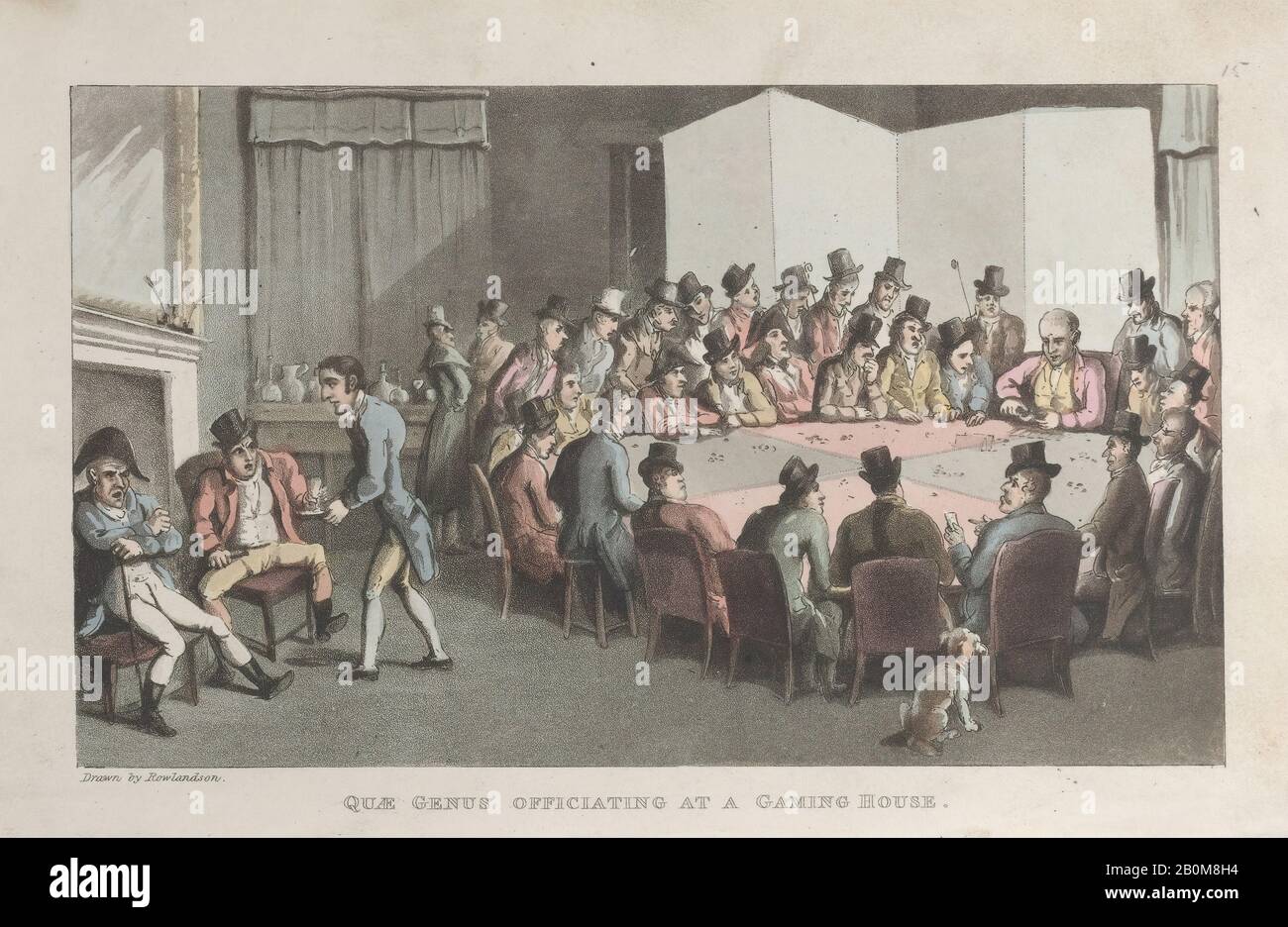 Thomas Rowlandson, Quae Genus Officiating at a Gaming House, aus "The History of Johnny Quae Genus, The Little Foundling of the Late Doctor Syntax", "The History of Johnny Quae Genus, The Little Foundling of the Late Doctor Syntax", Thomas Rowlandson (Britisch, London 1757-187 London), William Combe (Britisch, London 1742-London), November, 1. November, Handfarbige Radierung und Aquatint, Blatt: 5 1/2 × 8 3/4 Zoll. (14 × 22,3 cm), Ausdrucke Stockfoto